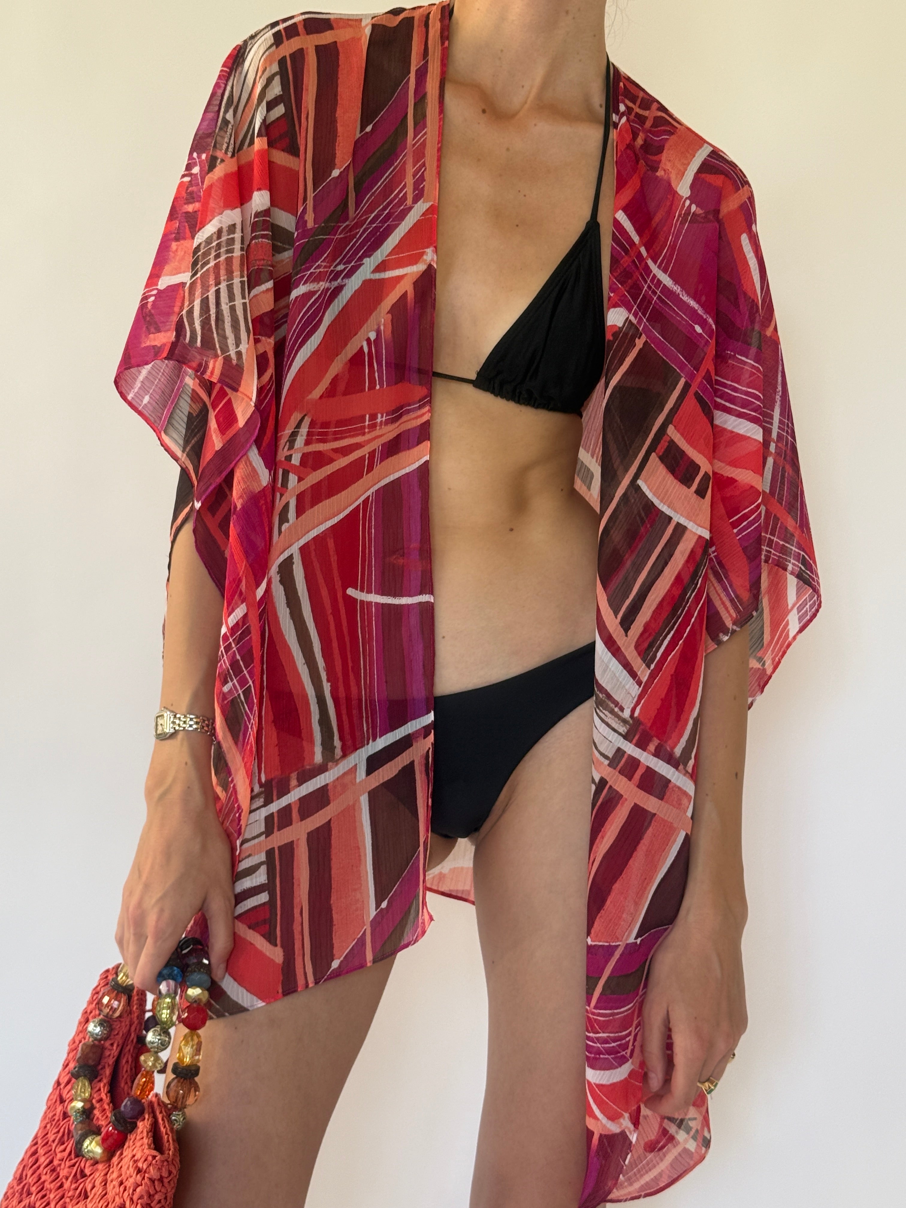 Vintage sheer abstract print kimono cover-up front view
