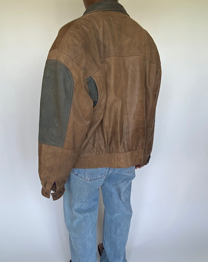 VINTAGE OVERSIZED BROWN AND GREEN LEATHER JACKET 3589