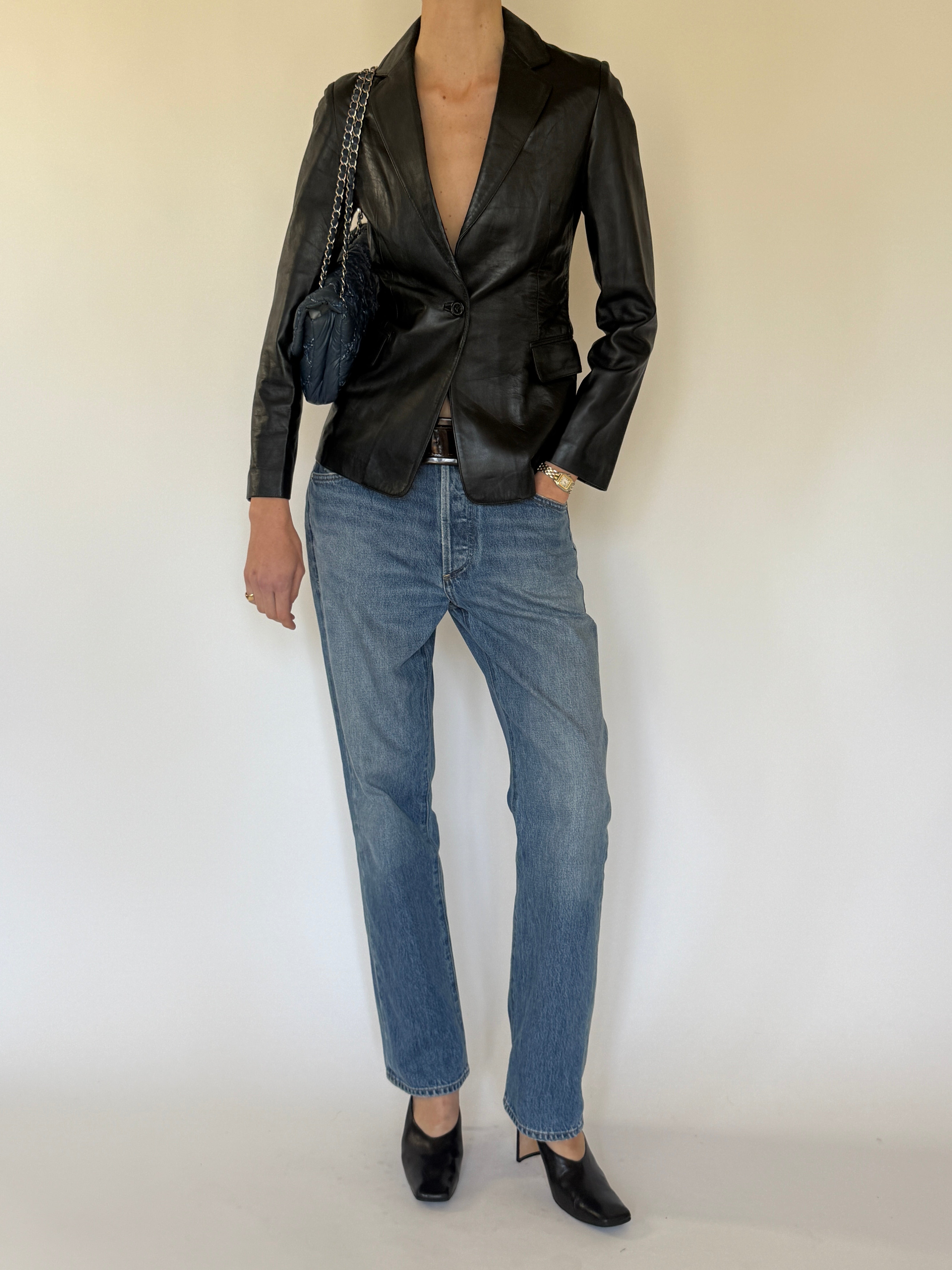 Vintage black leather blazer front view single button closure