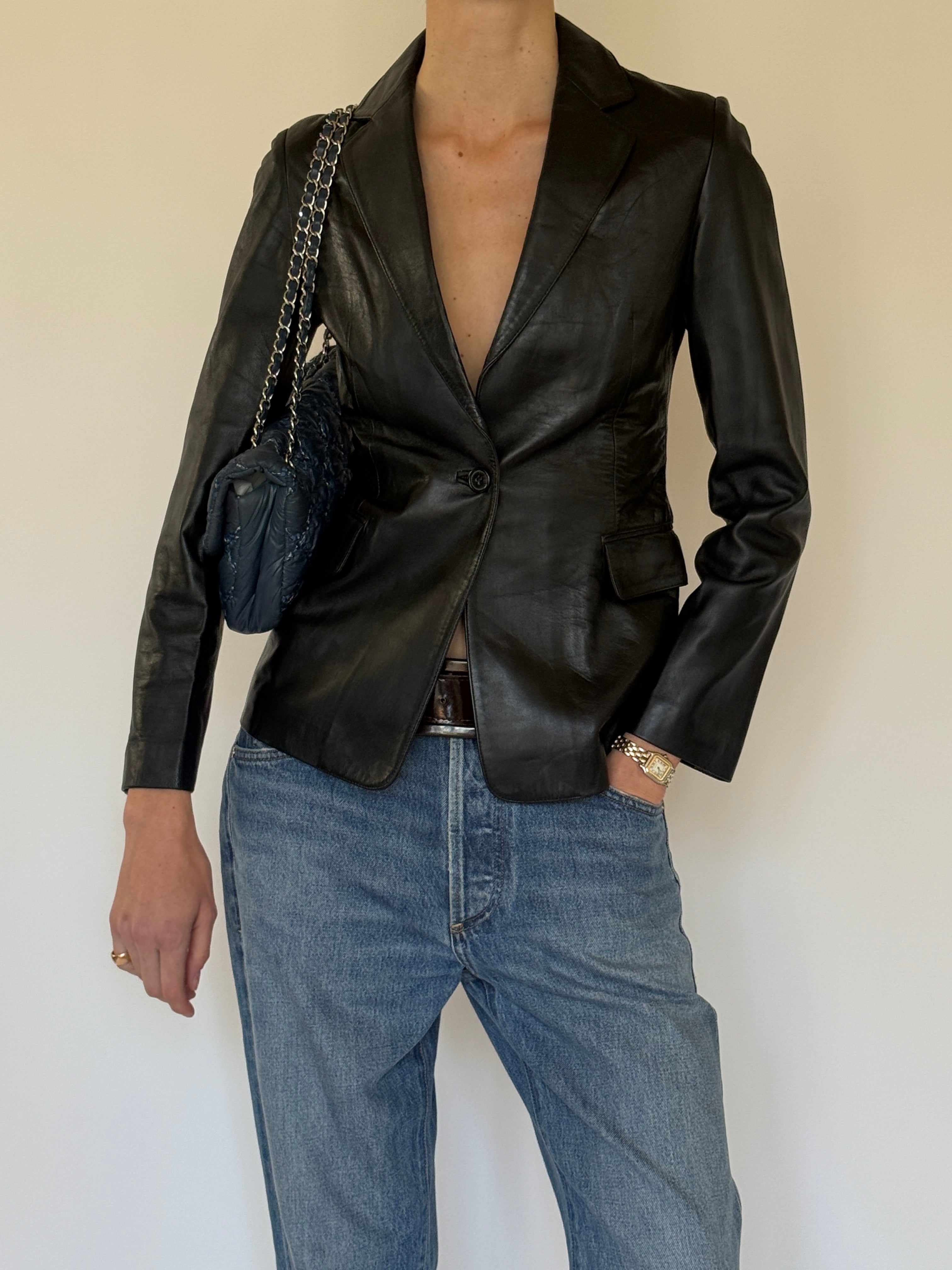 Vintage black leather blazer front flap pocket detail