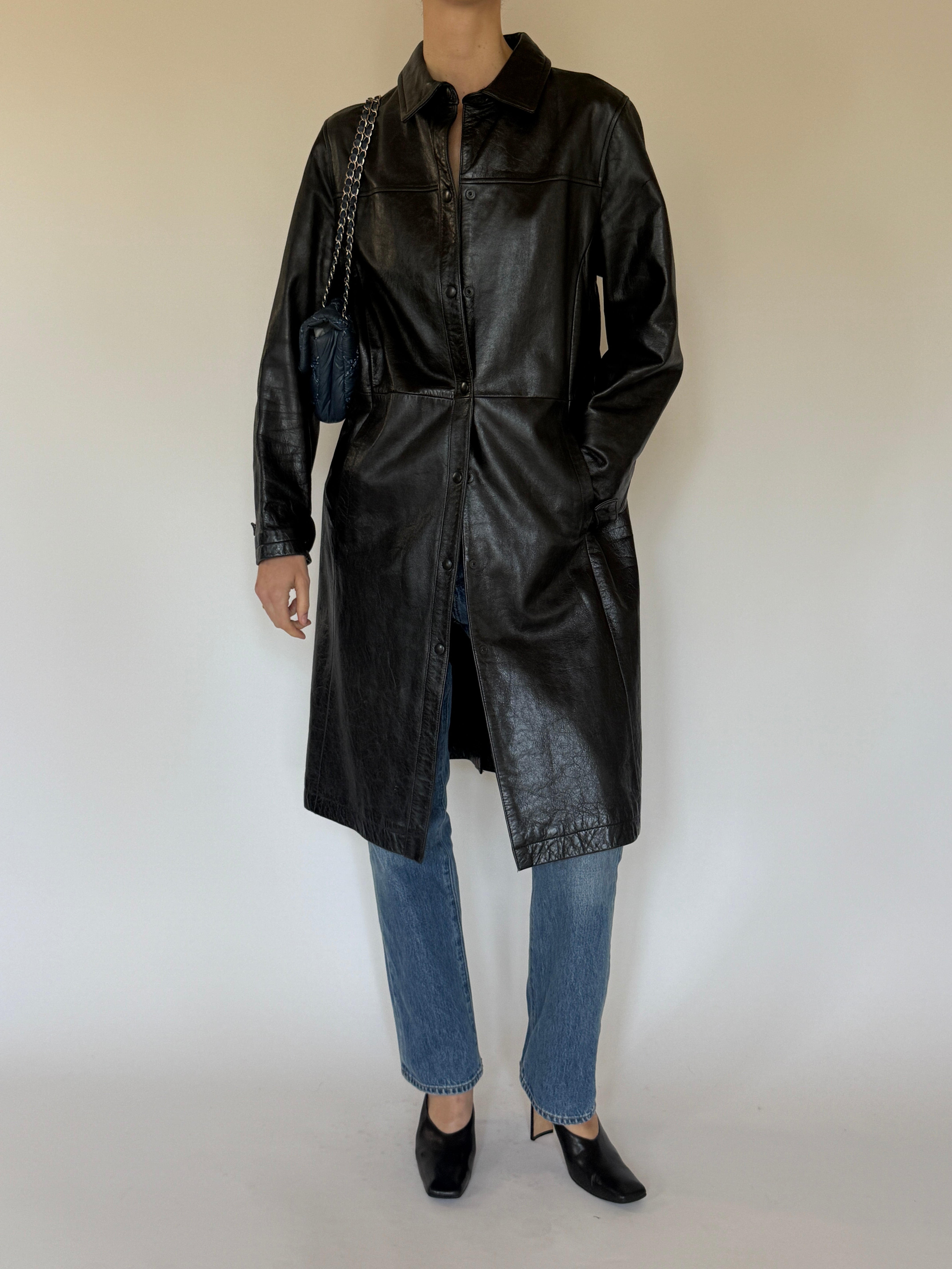Vintage leather long coat front view