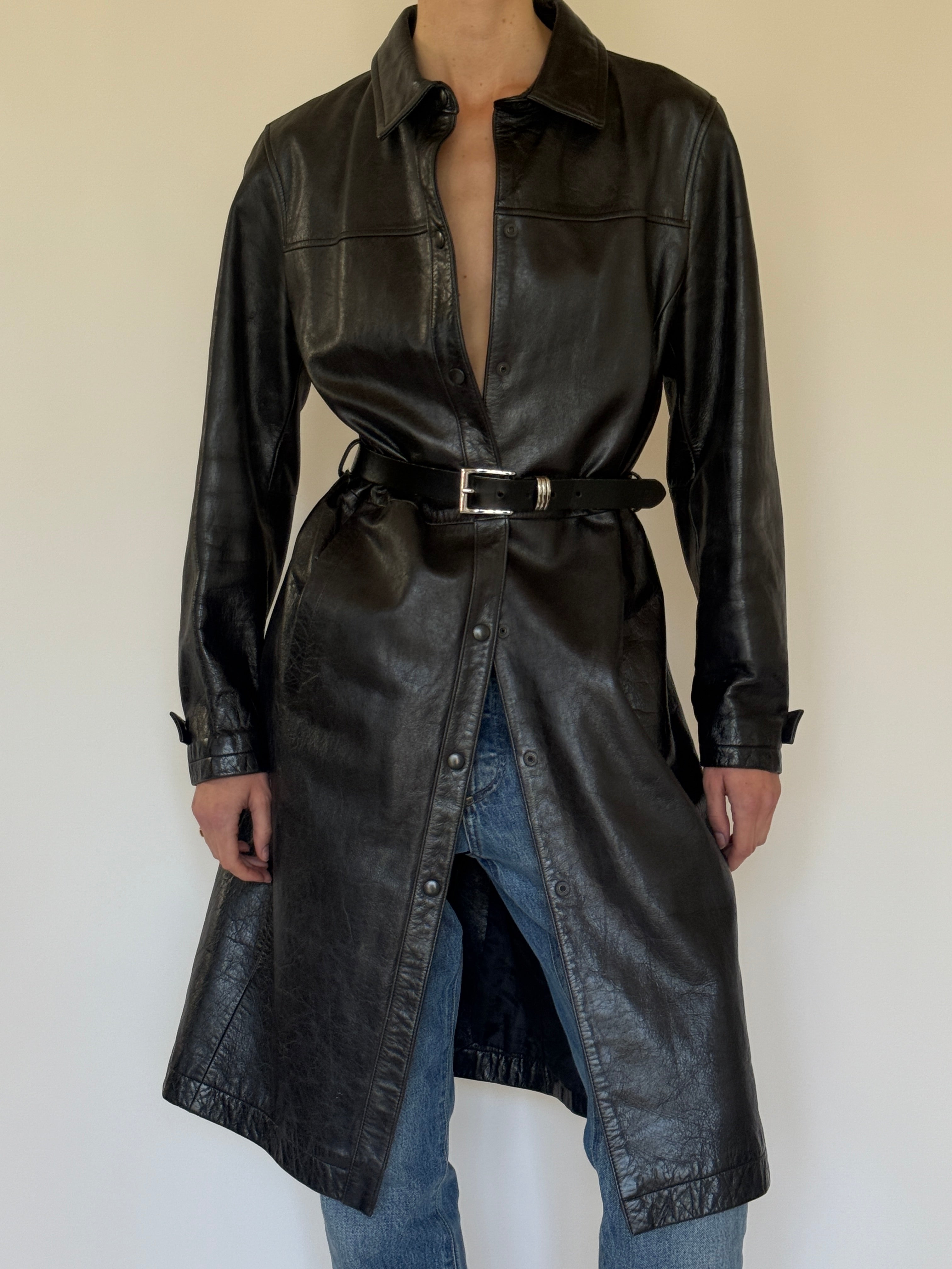 Vintage leather long coat front view