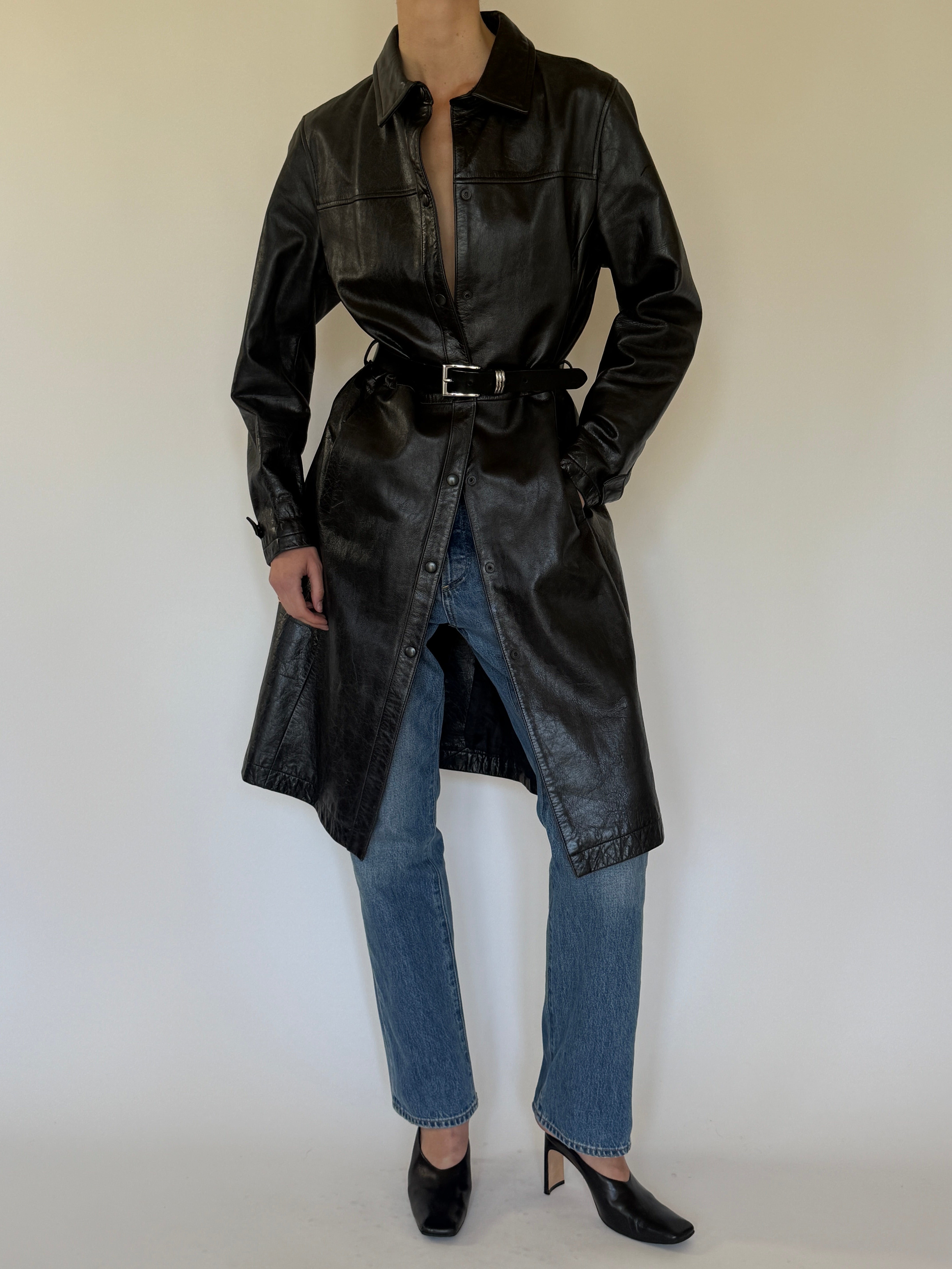 Vintage leather long coat front view