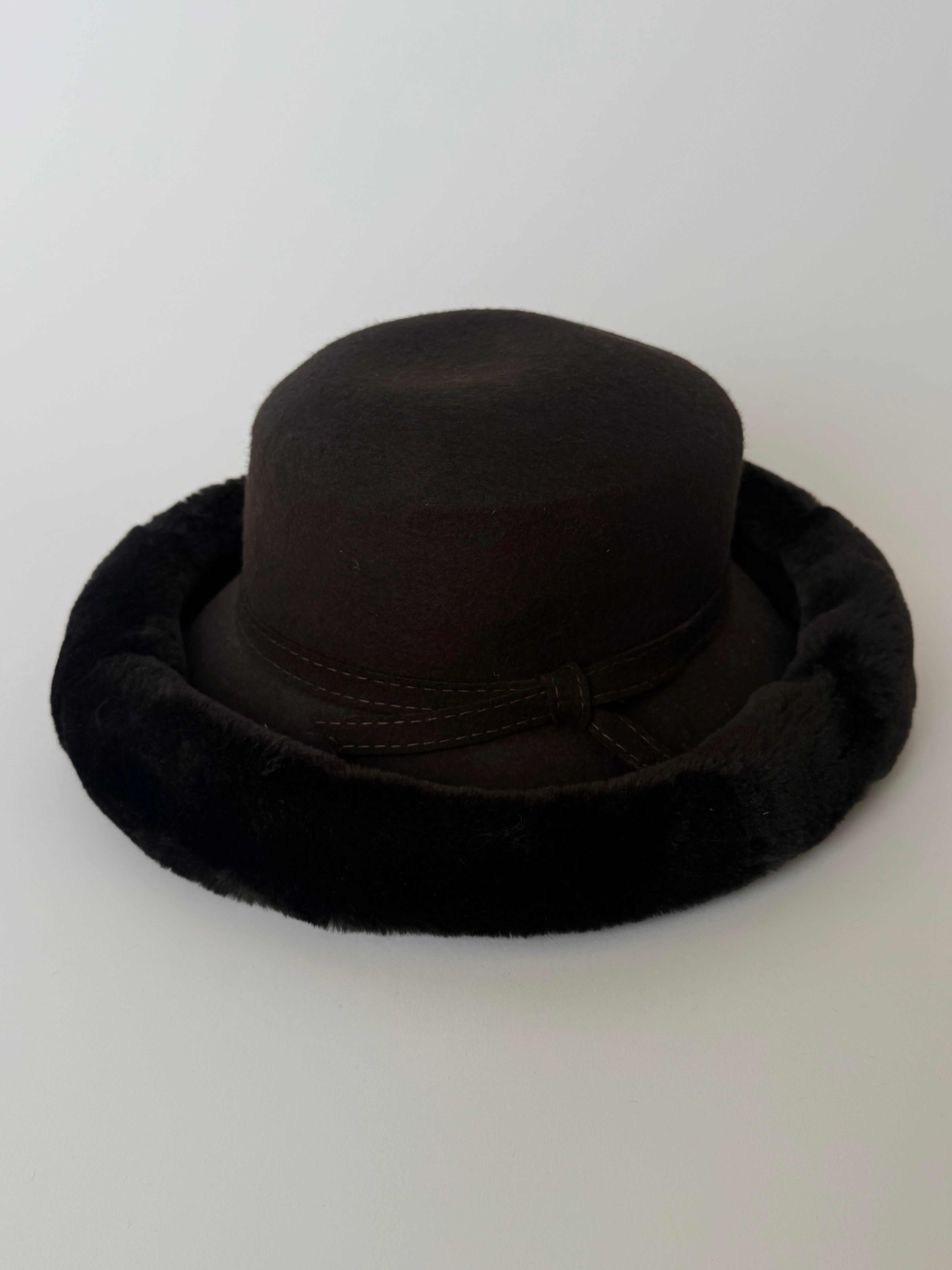 Vintage Wool Felt Hat with Plush Trim in Dark Brown