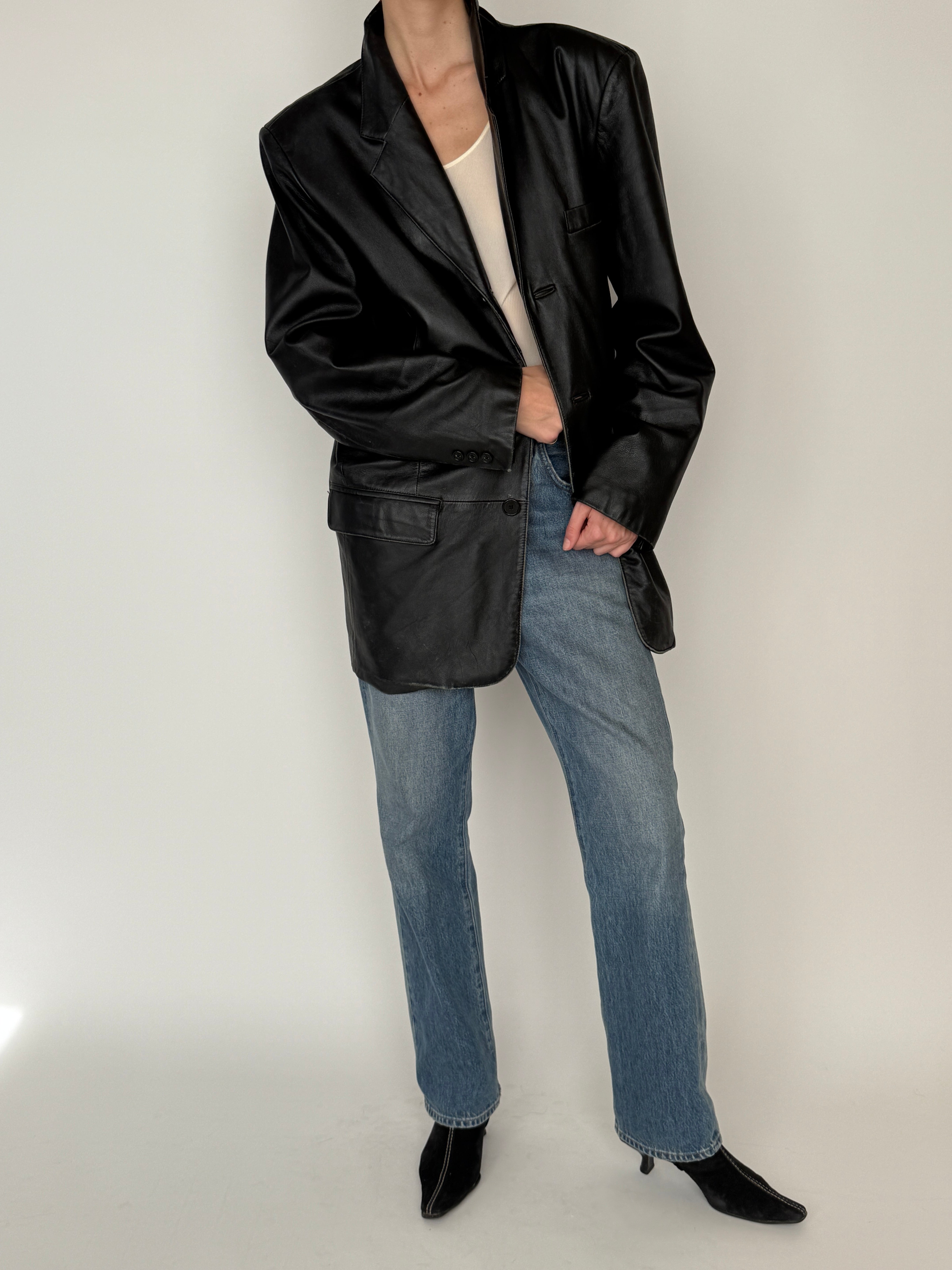 Vintage black leather blazer front view