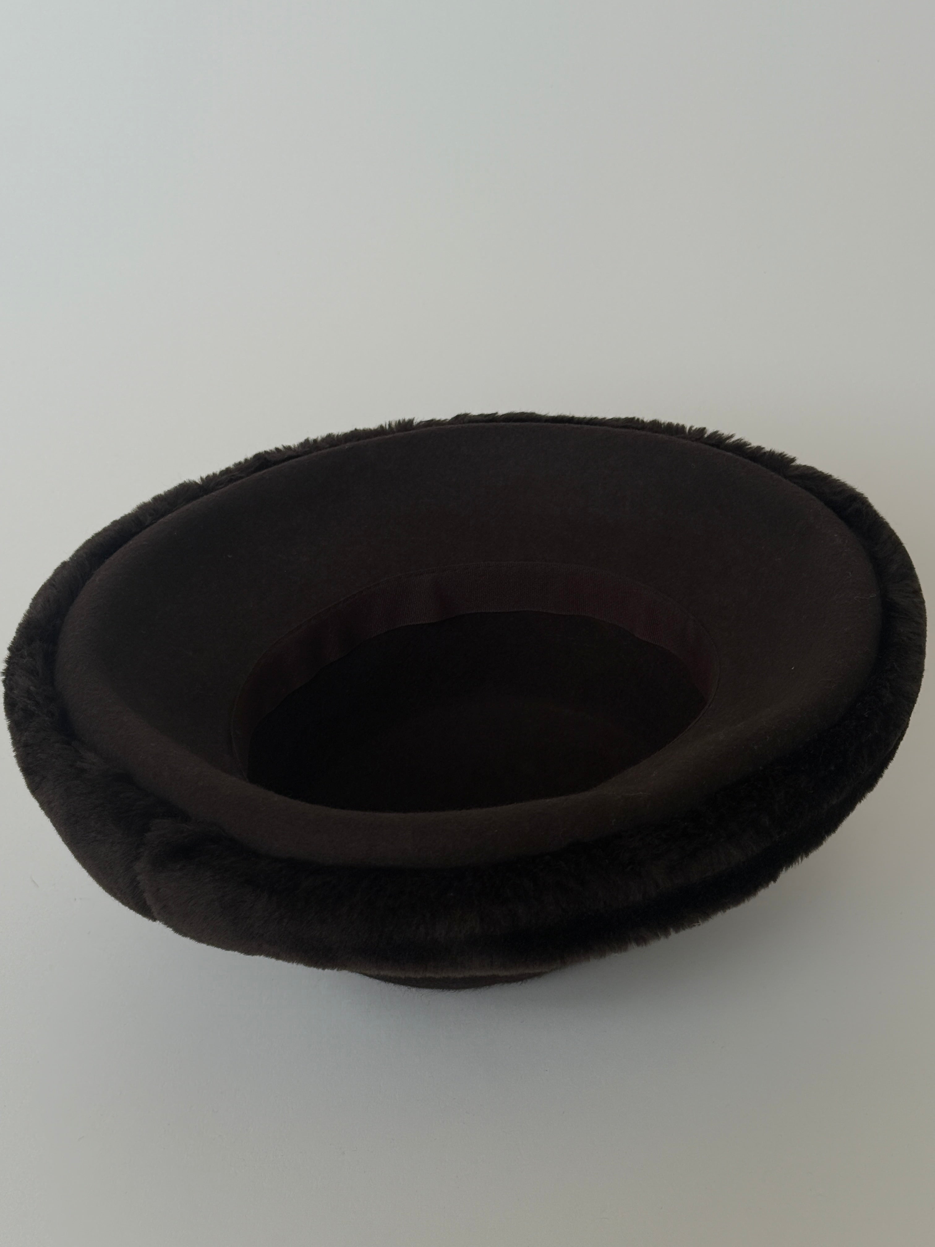 Vintage Wool Felt Hat with Plush Trim in Dark Brown