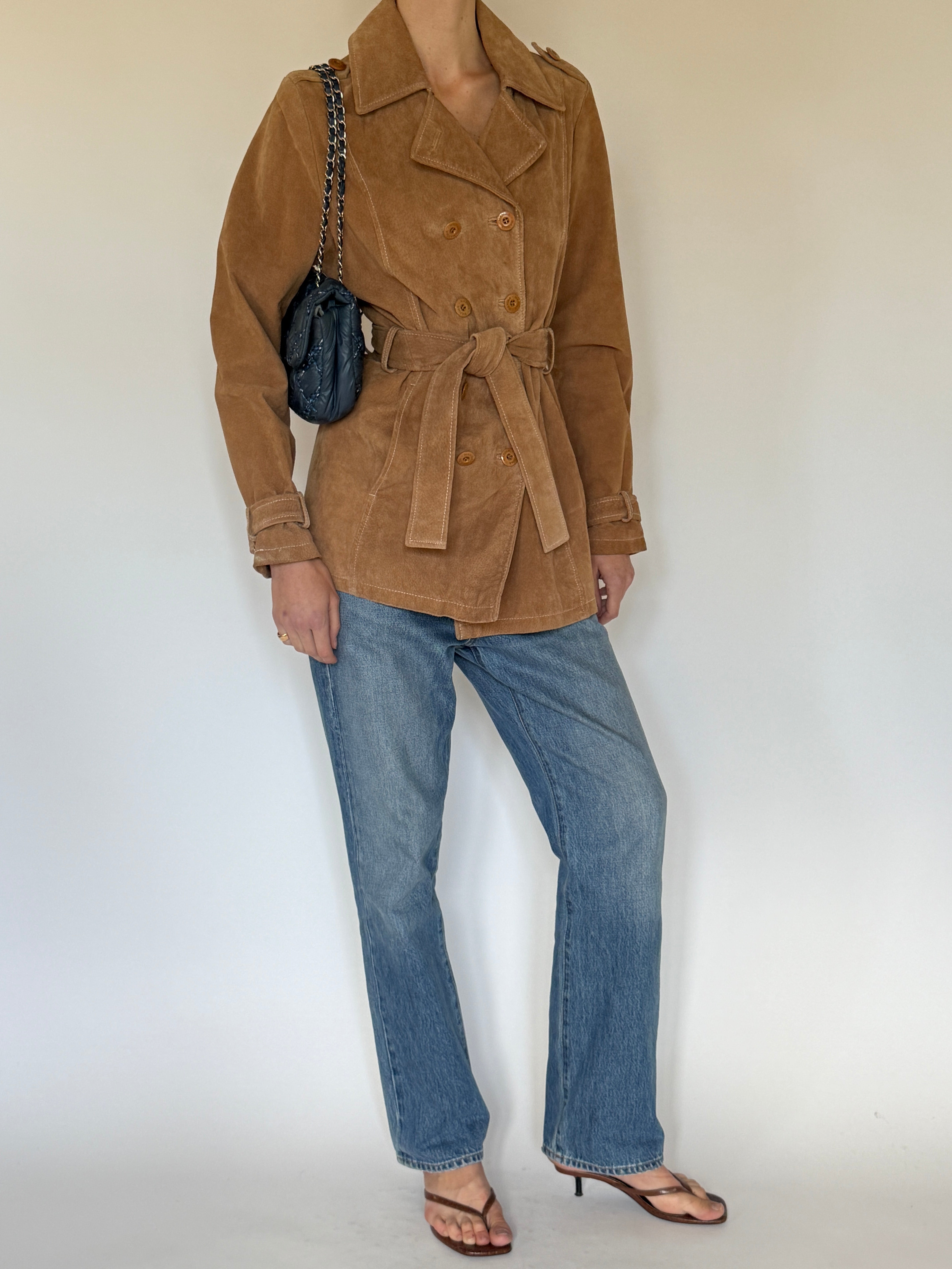 Vintage camel suede belted double-breasted jacket side view