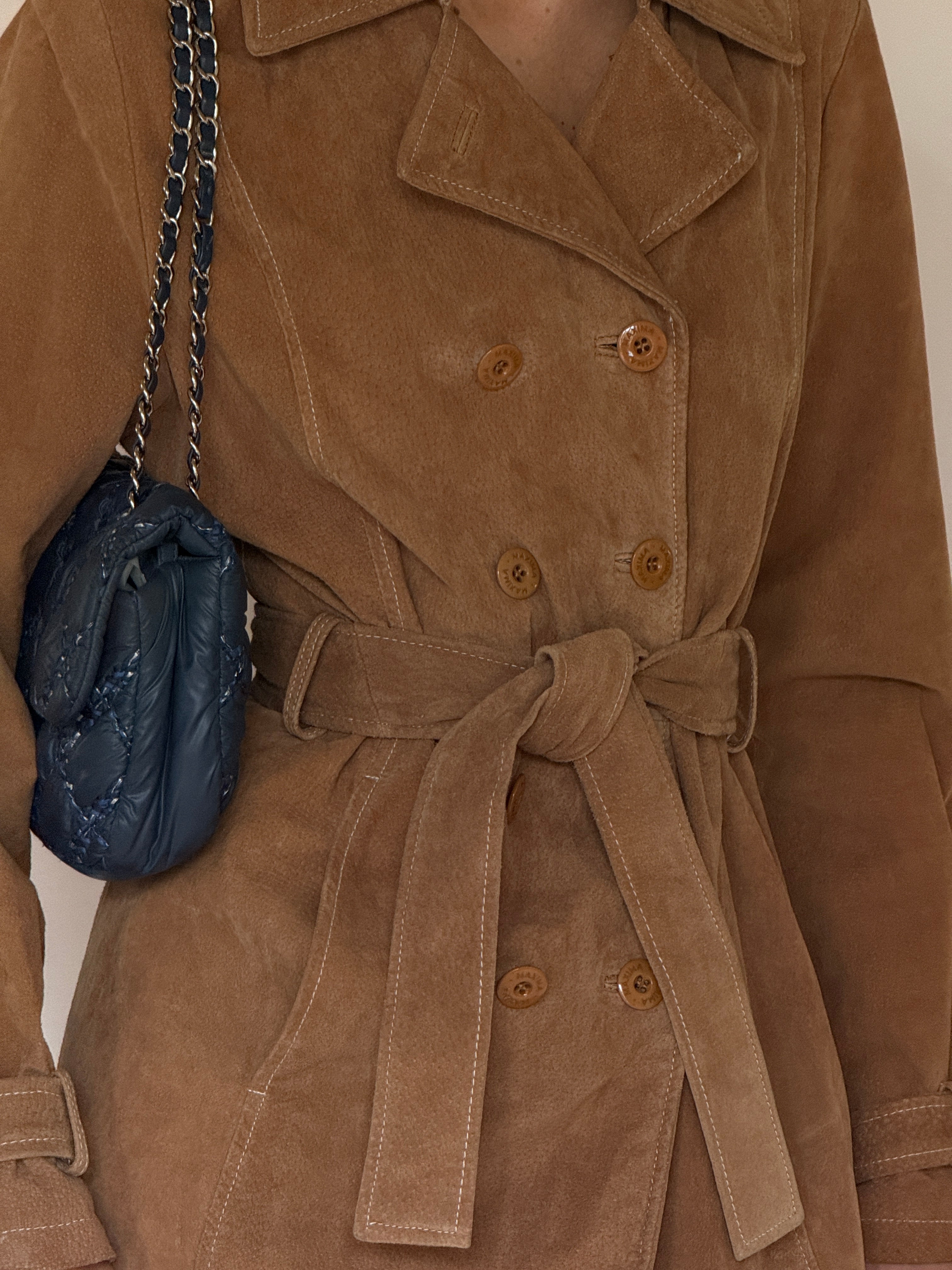 Vintage camel suede belted double-breasted jacket lapel detail