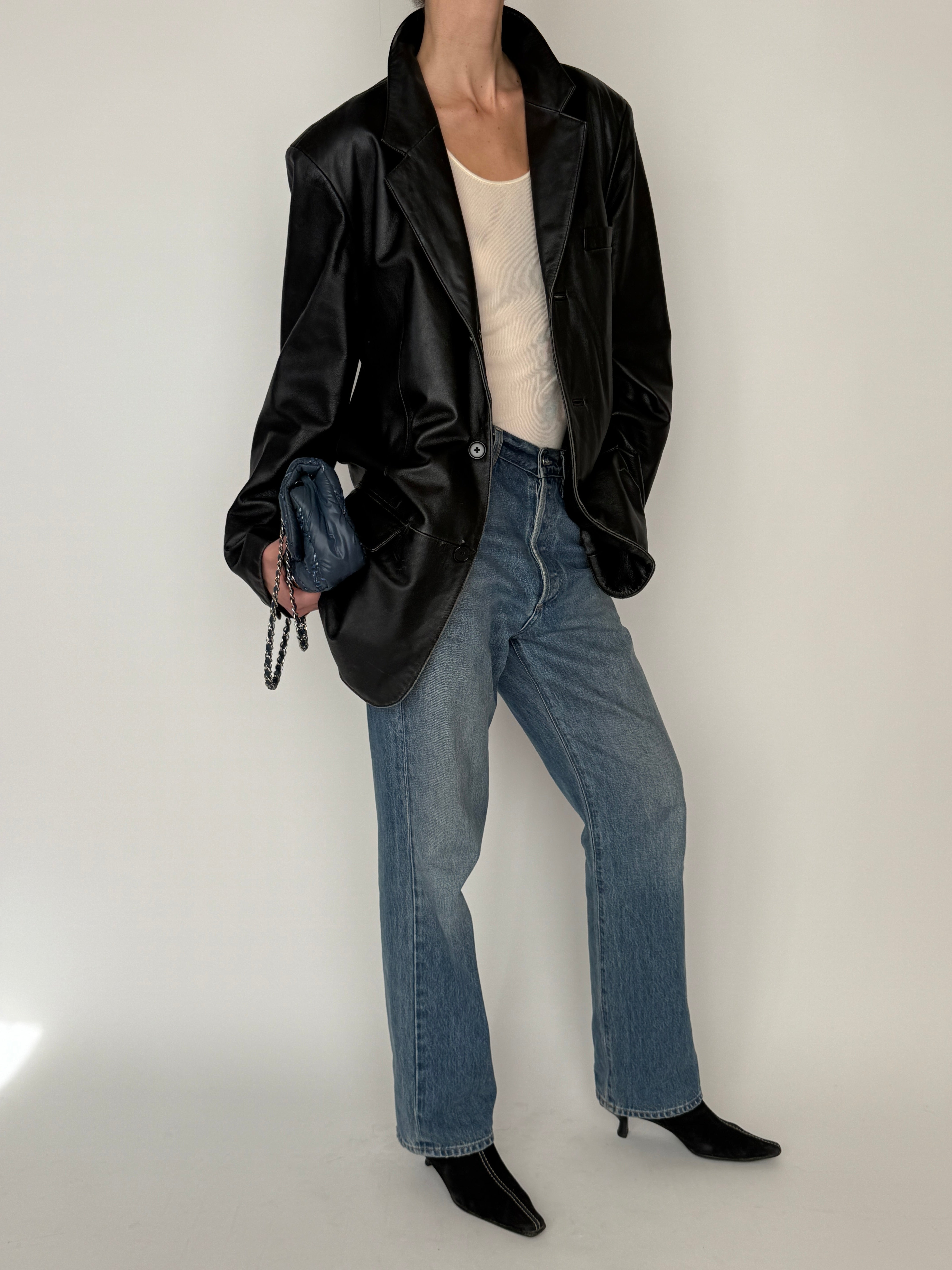 Vintage black leather blazer front view