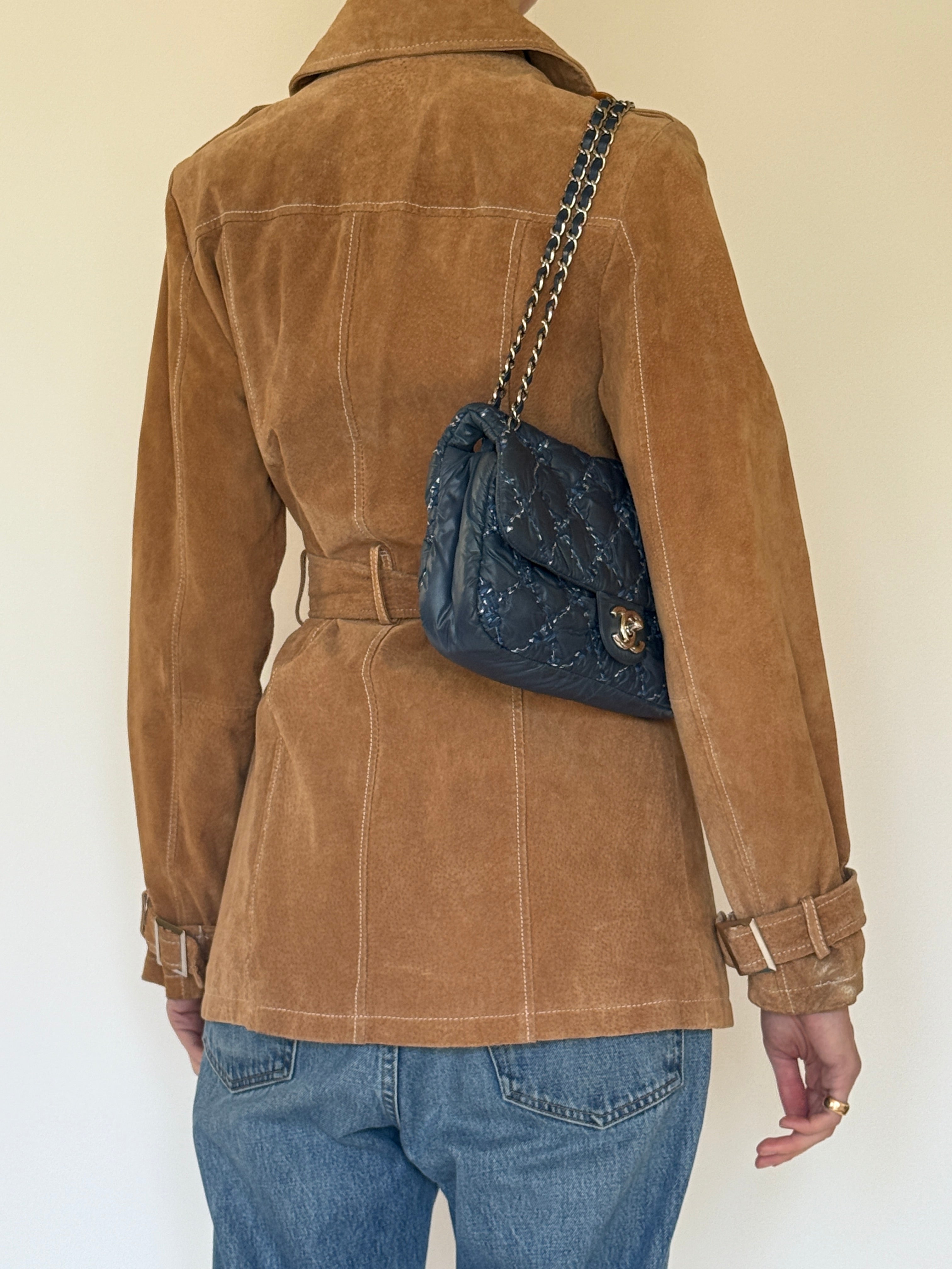 Vintage camel suede belted double-breasted jacket back view