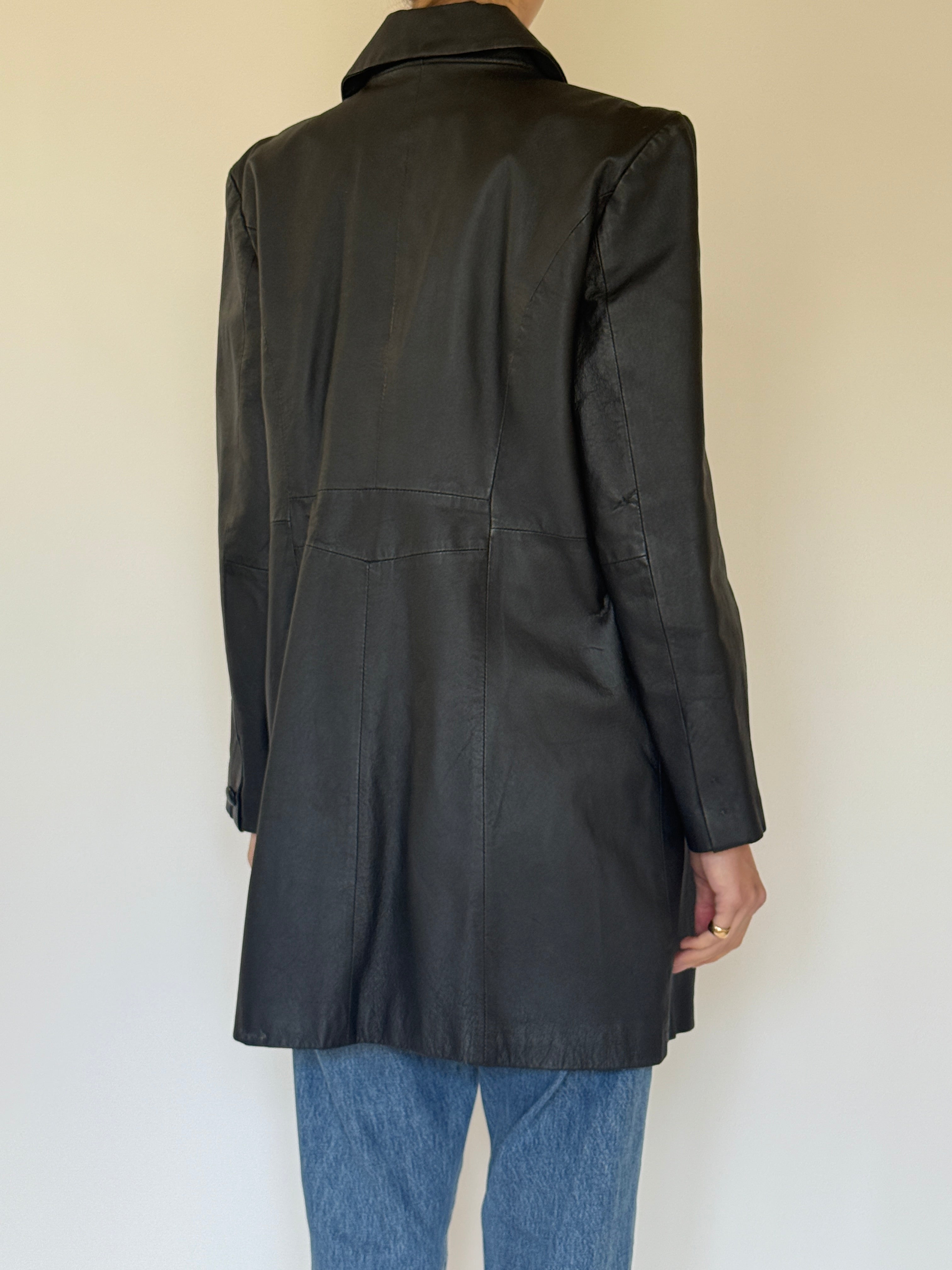 Vintage black leather coat back view longline shape