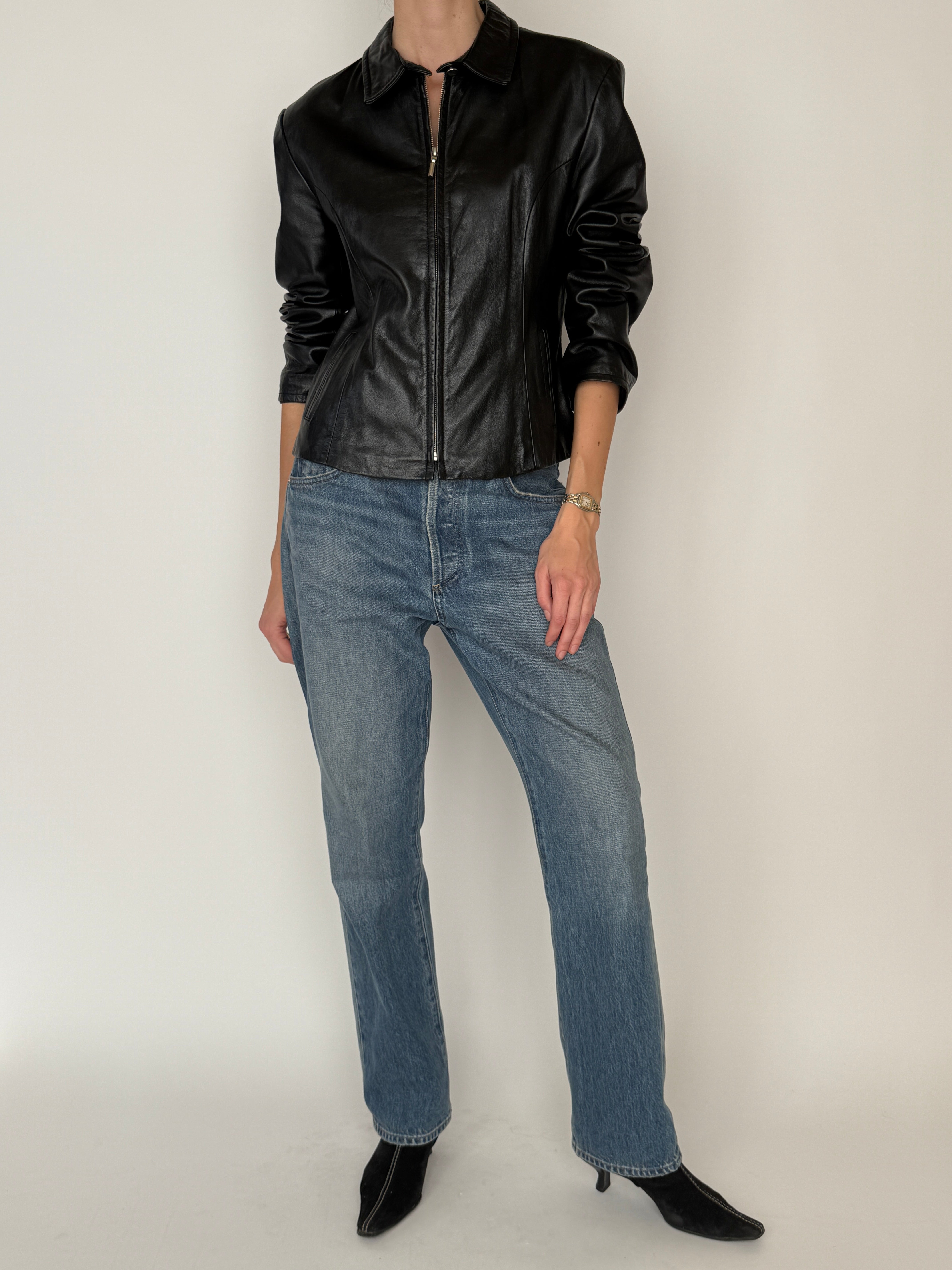 Vintage black leather zip jacket front view