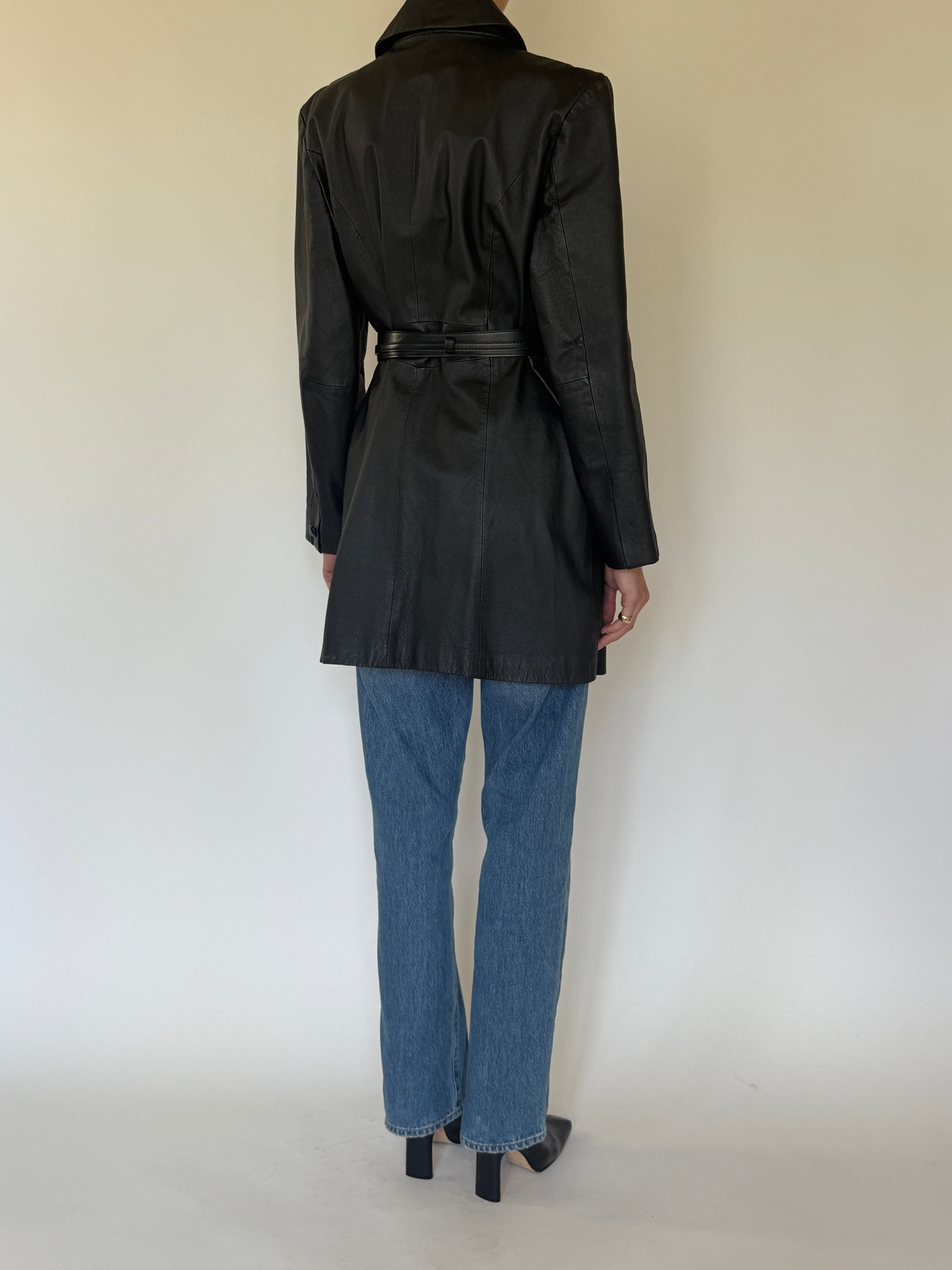 Vintage black leather coat back view longline shape