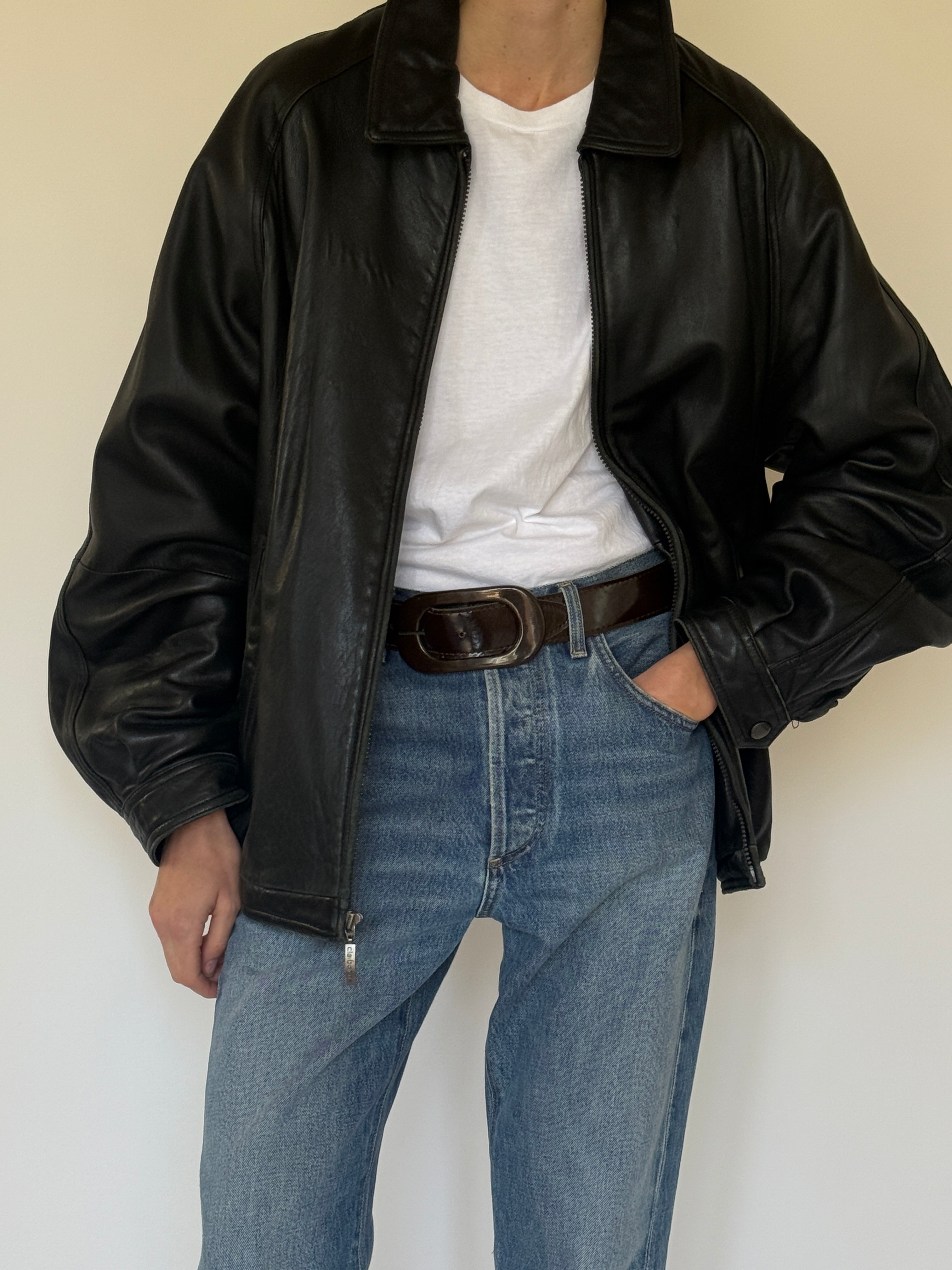 Vintage leather jacket snap cuff detail black