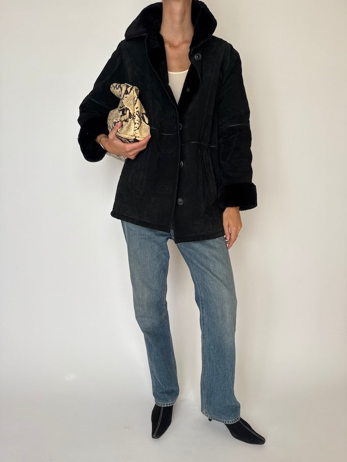 Vintage Faux Shearling Suede Jacket Black 6467