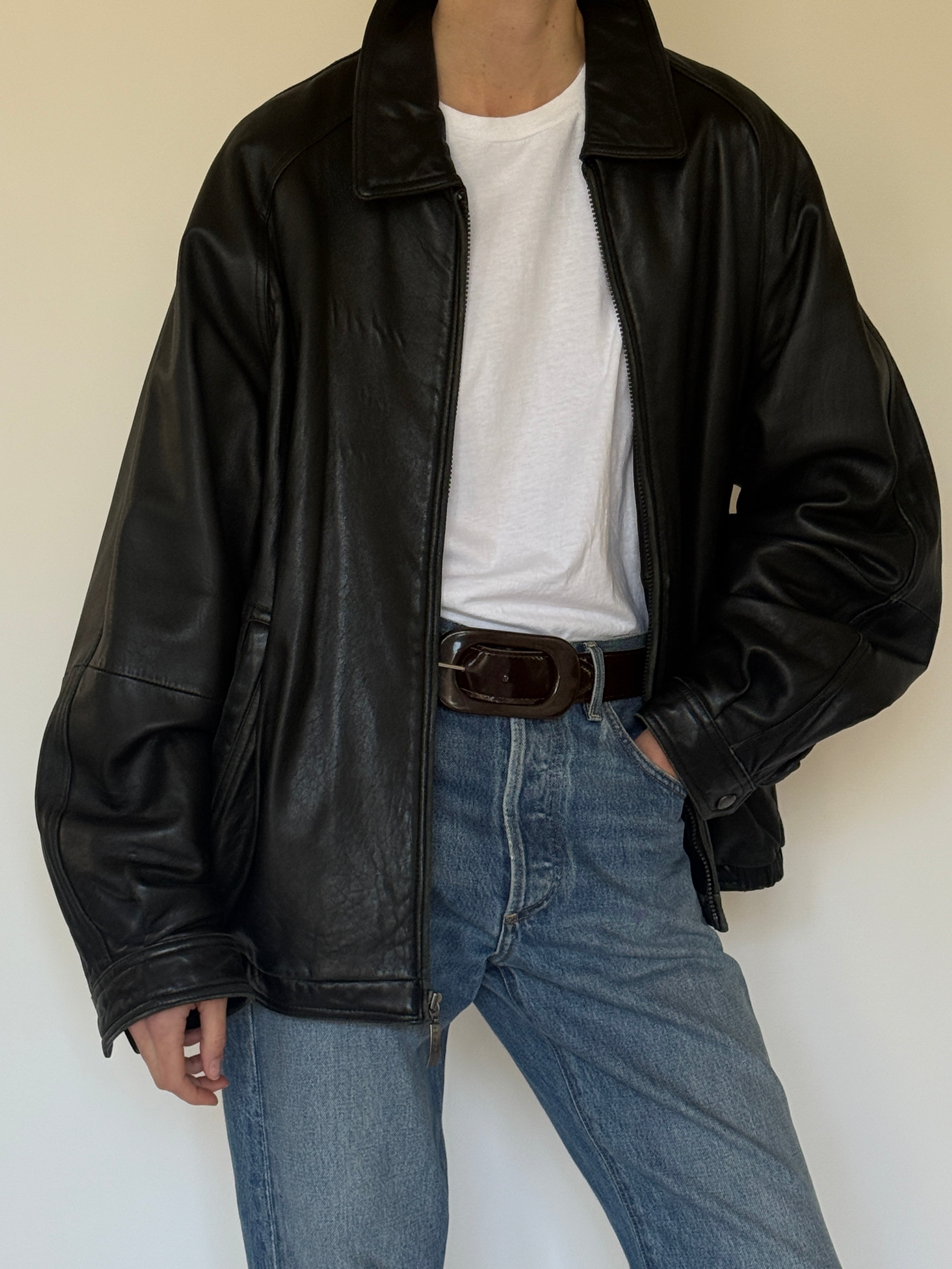 Vintage oversized leather zip-front jacket side view black
