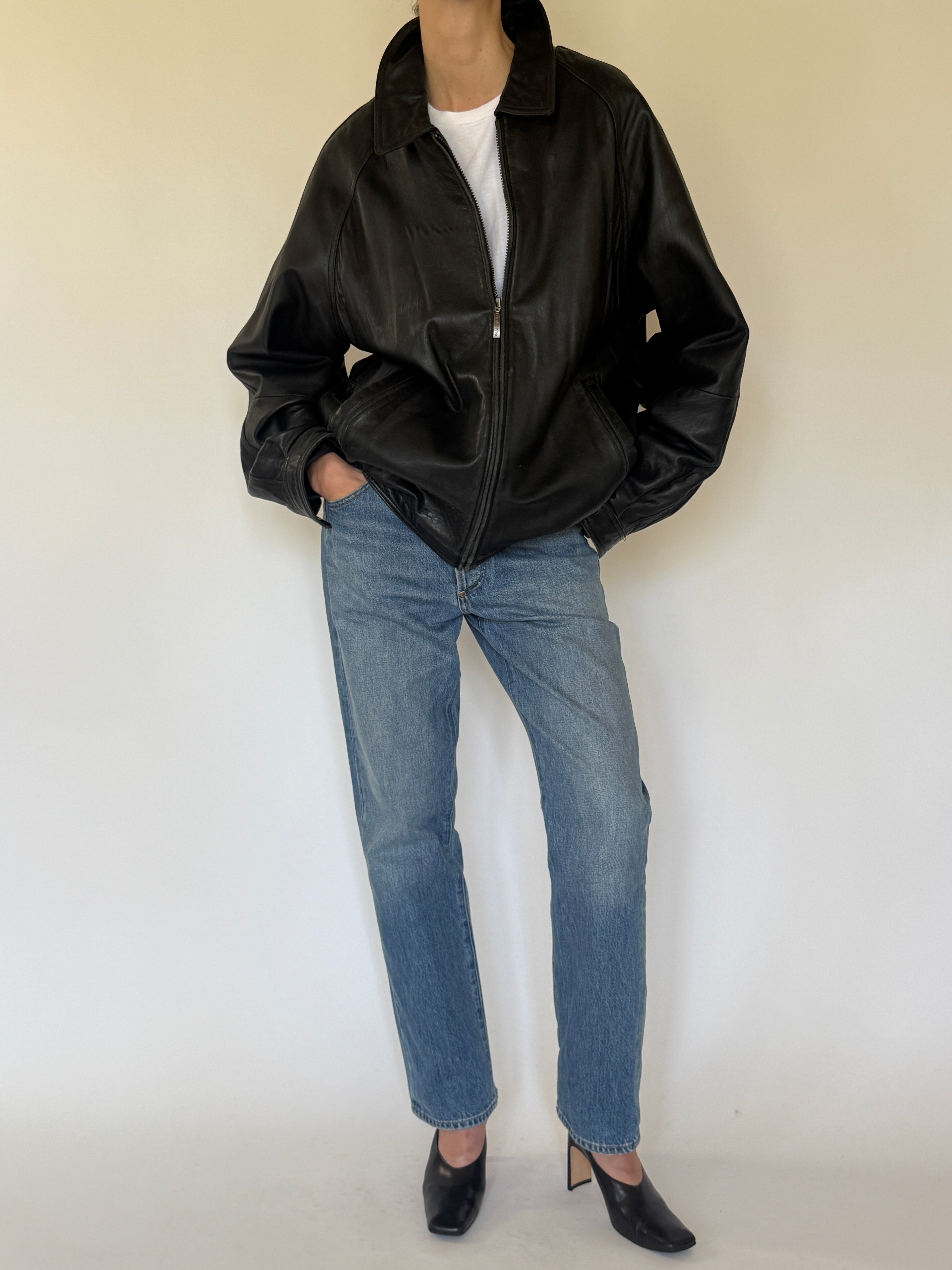Vintage oversized leather zip-front jacket front view black