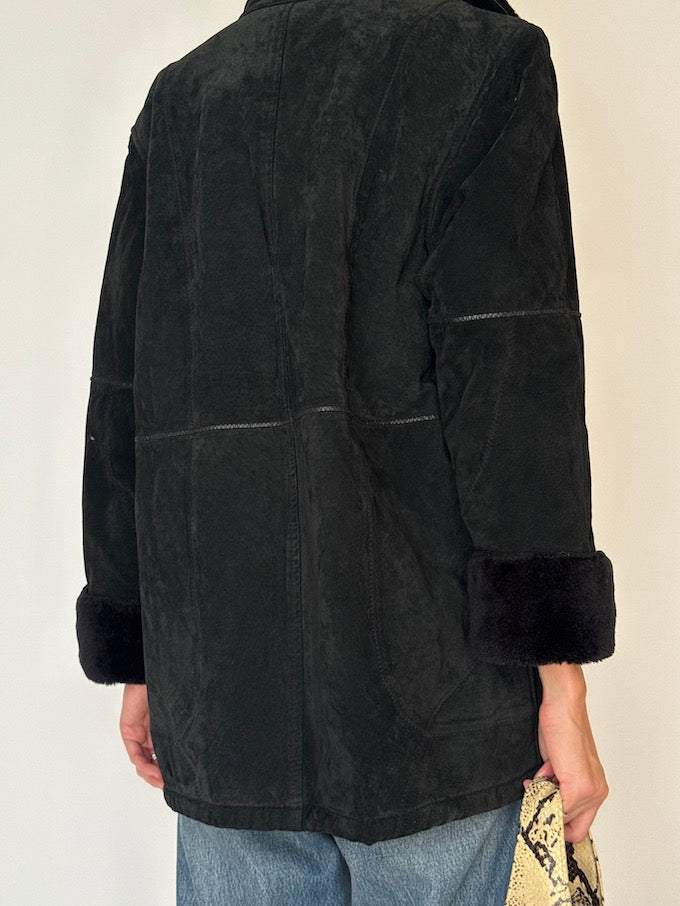 Vintage Faux Shearling Suede Jacket Black 6467