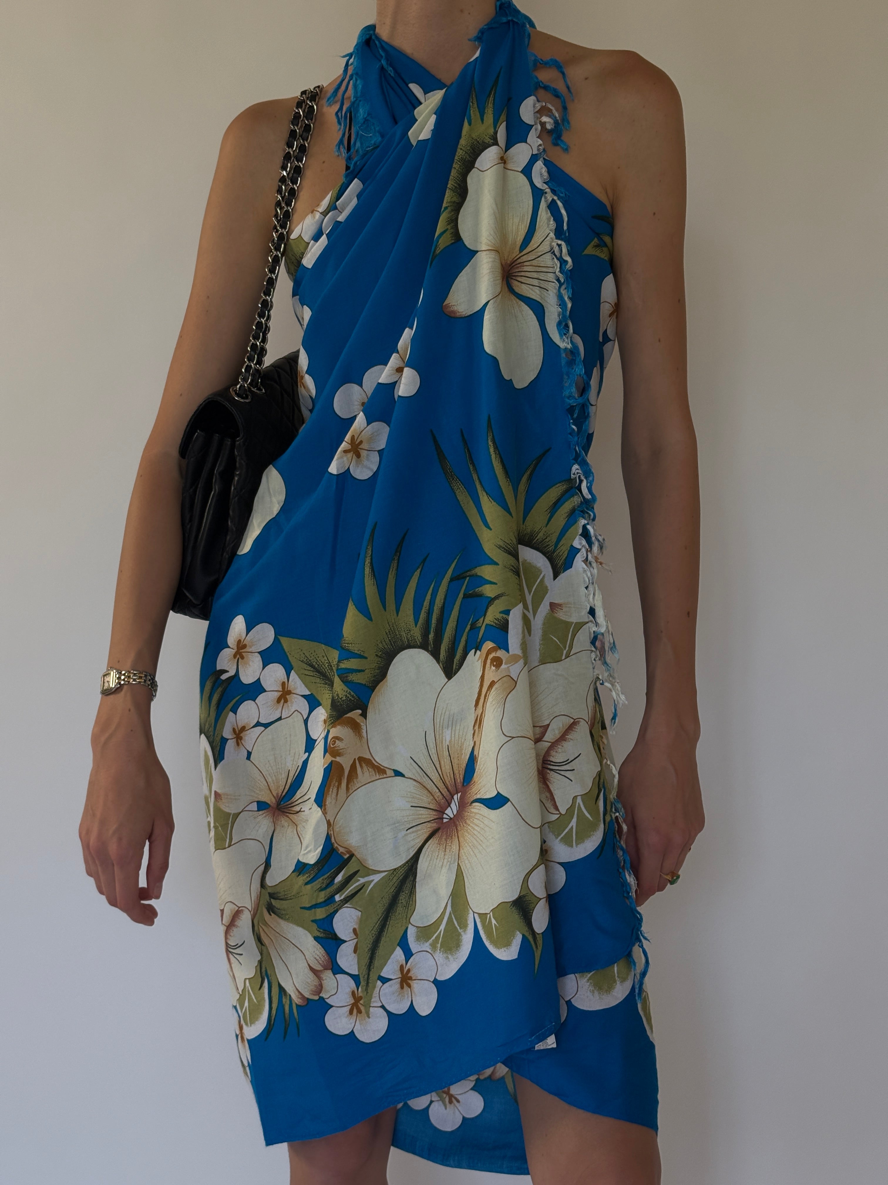 Vintage tropical blue floral beach pareo styled as a halter dress