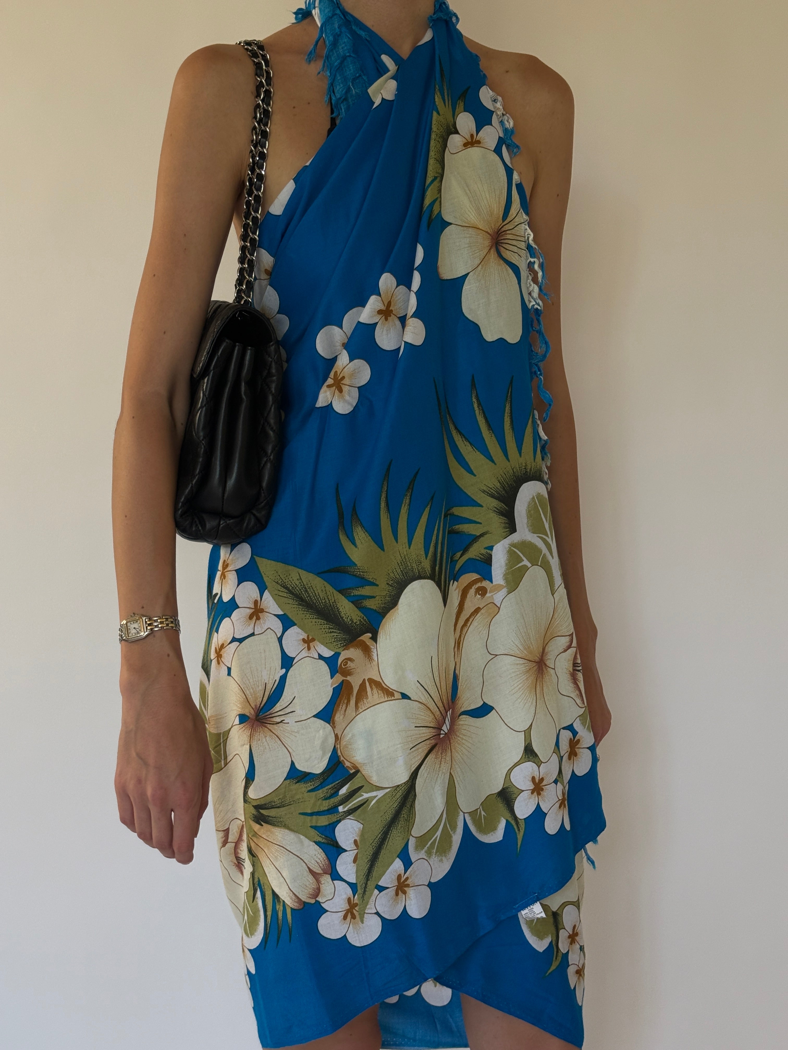 Vintage tropical blue floral beach pareo styled as a halter dress