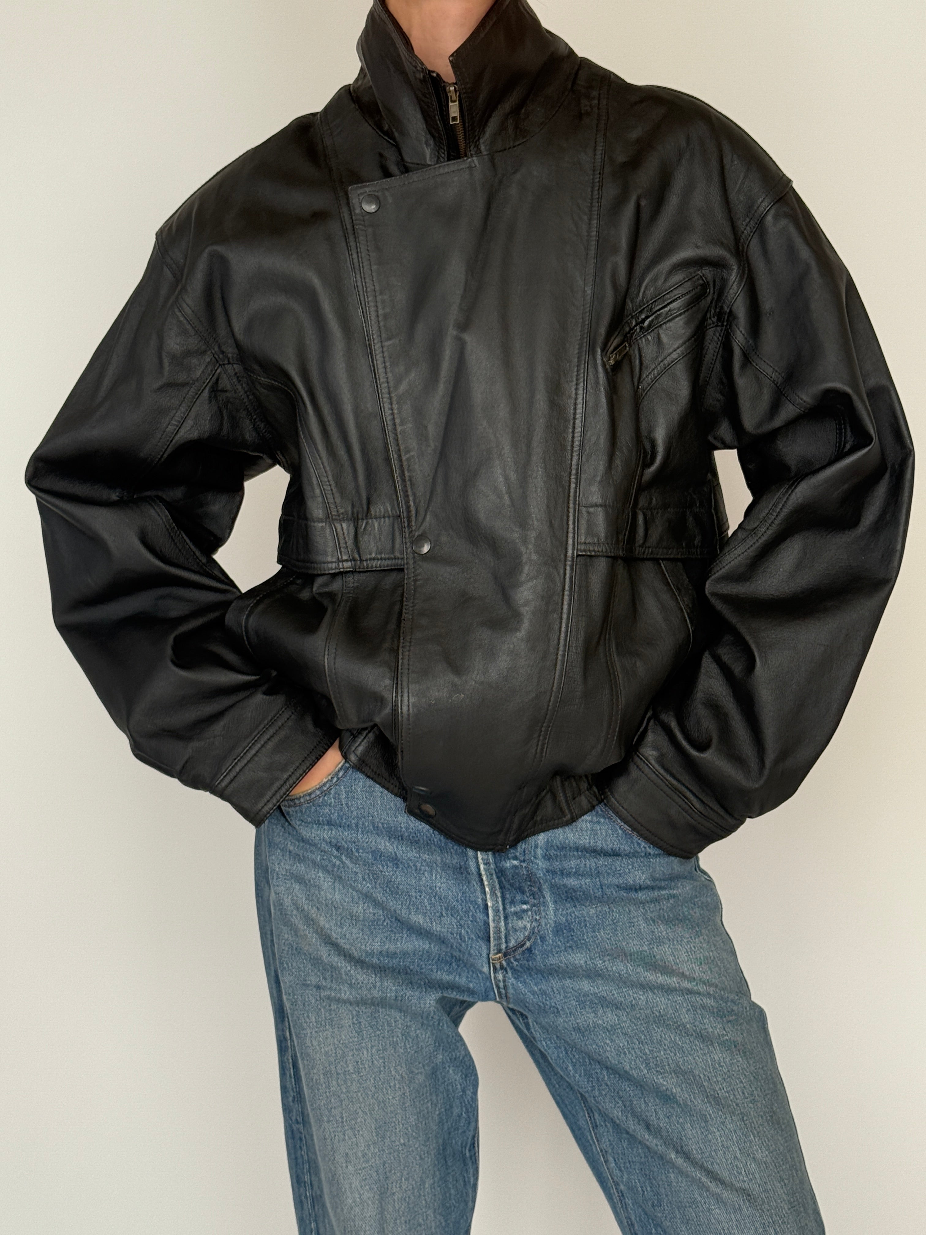 Vintage black bomber leather zip jacket front view