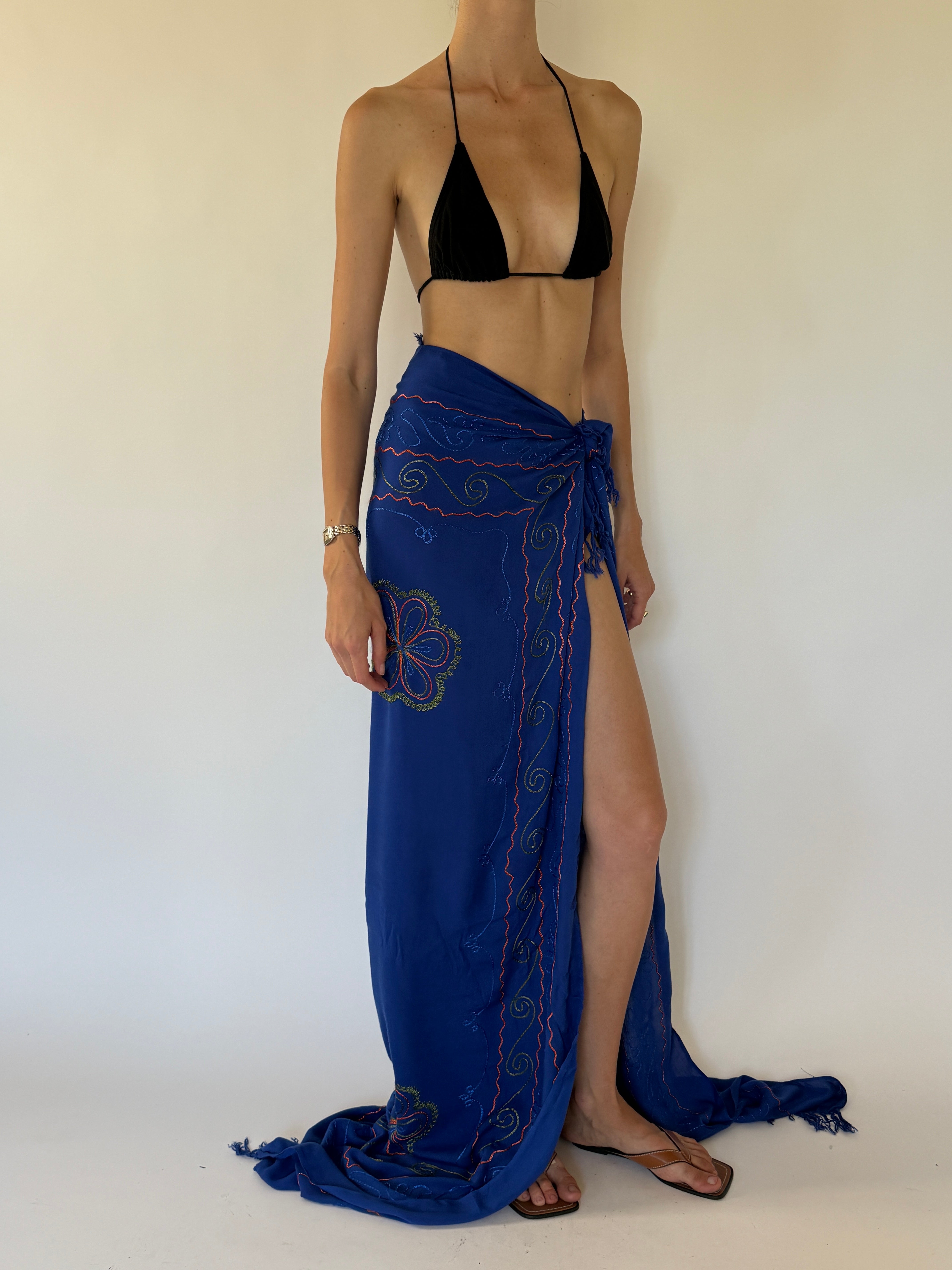 Vintage embroidered royal blue sarong front view