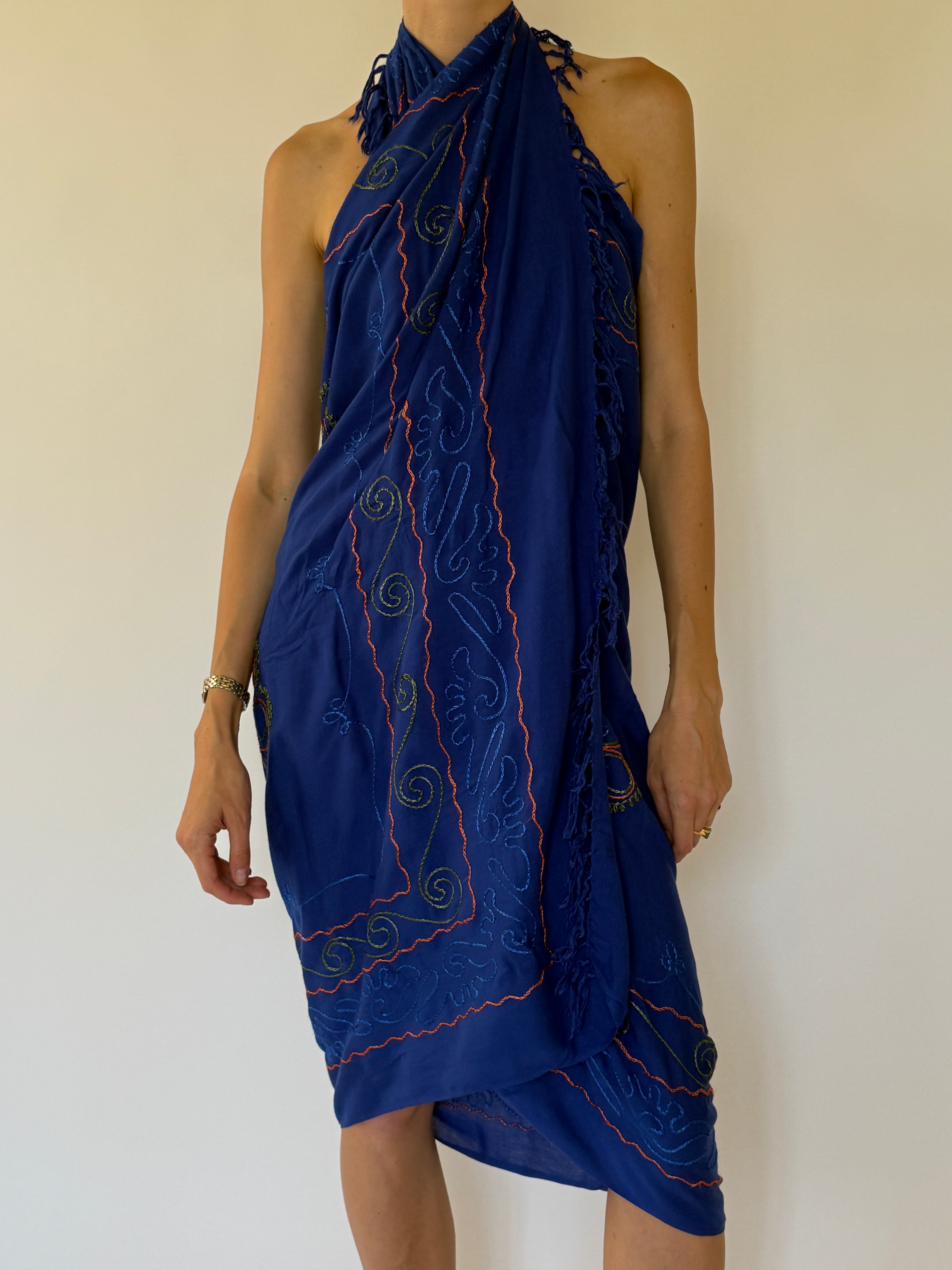 Vintage royal blue sarong worn as a dress