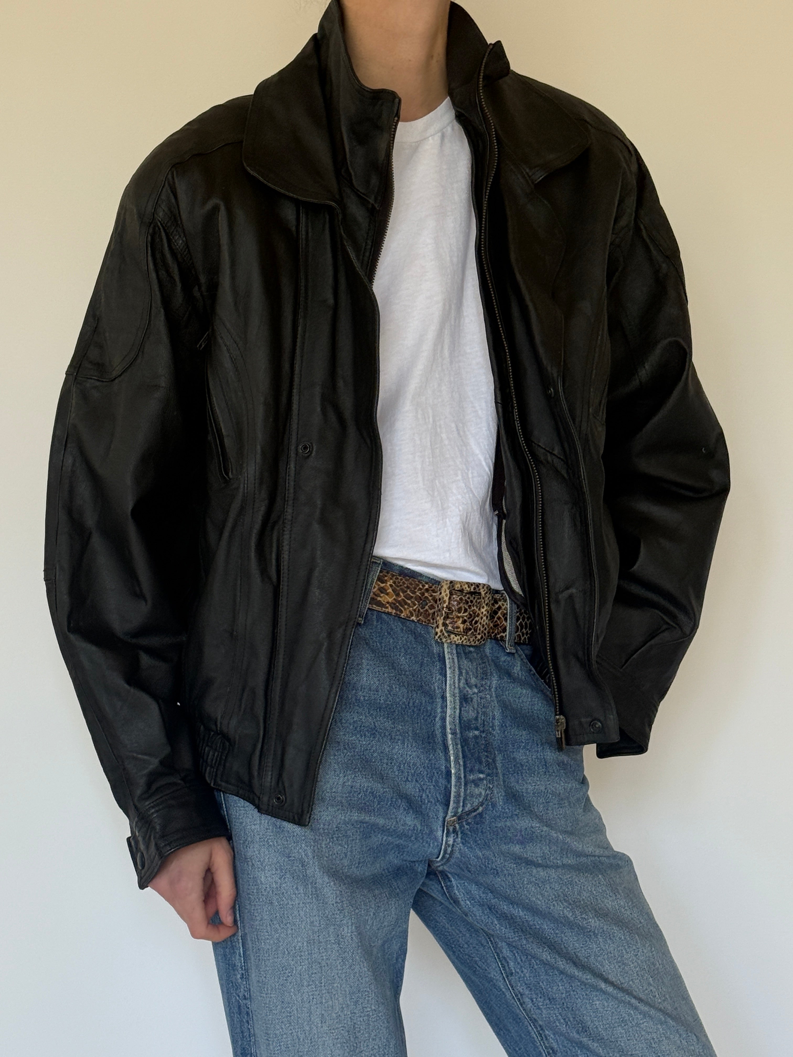 Vintage black leather jacket front view