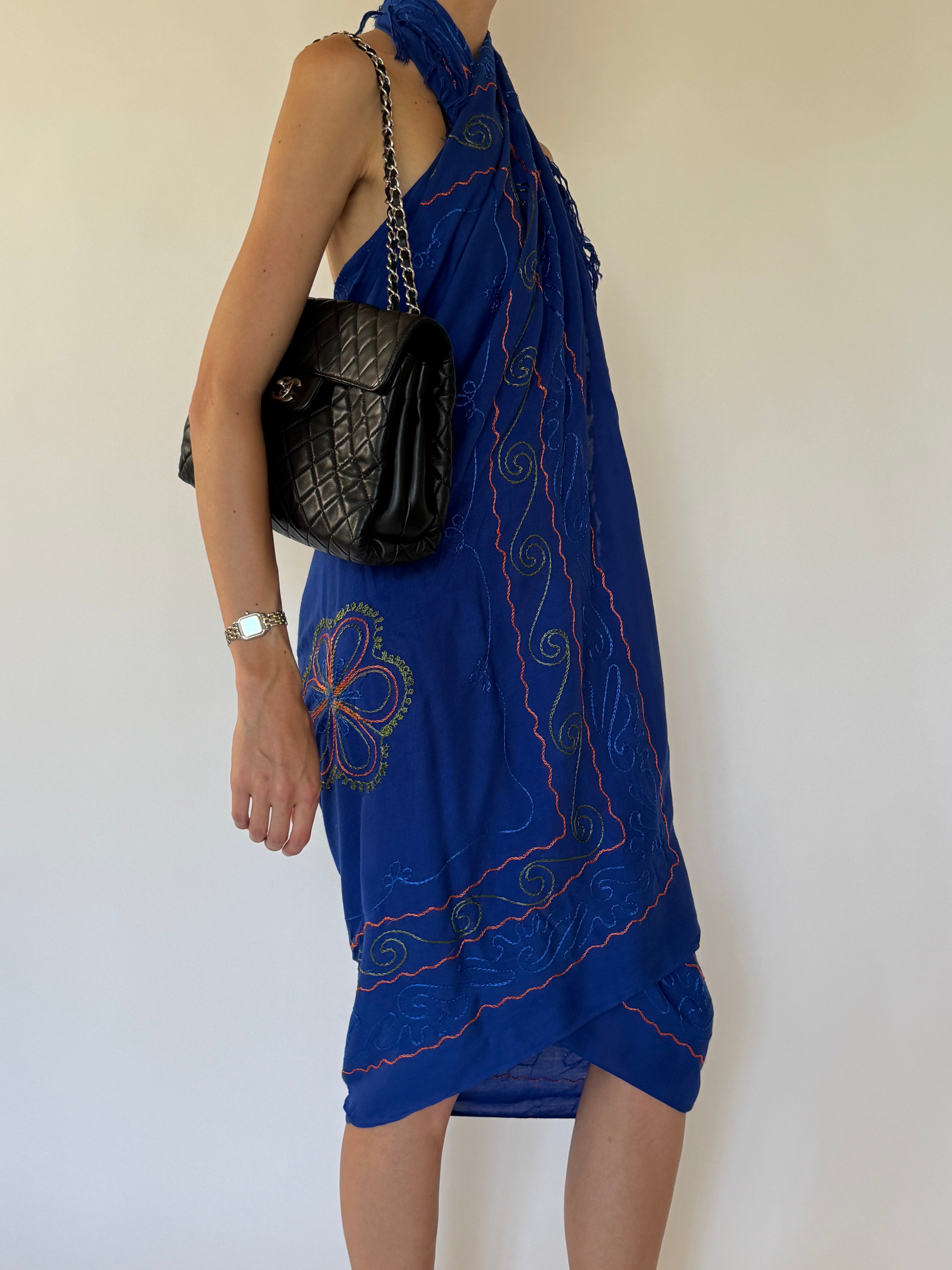 Vintage royal blue sarong worn as a dress