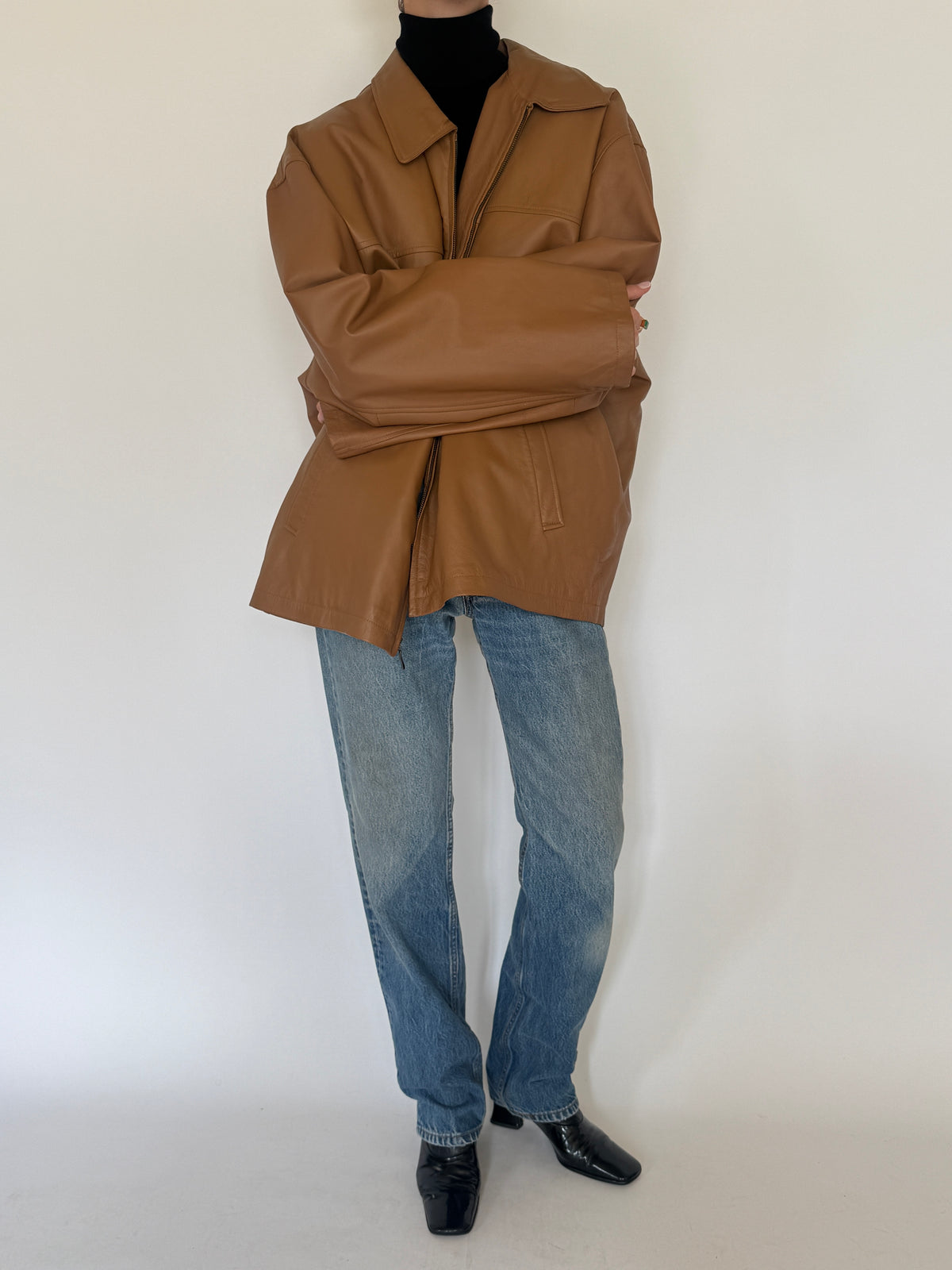 Vintage Zip-Front Leather Jacket Brown 0077