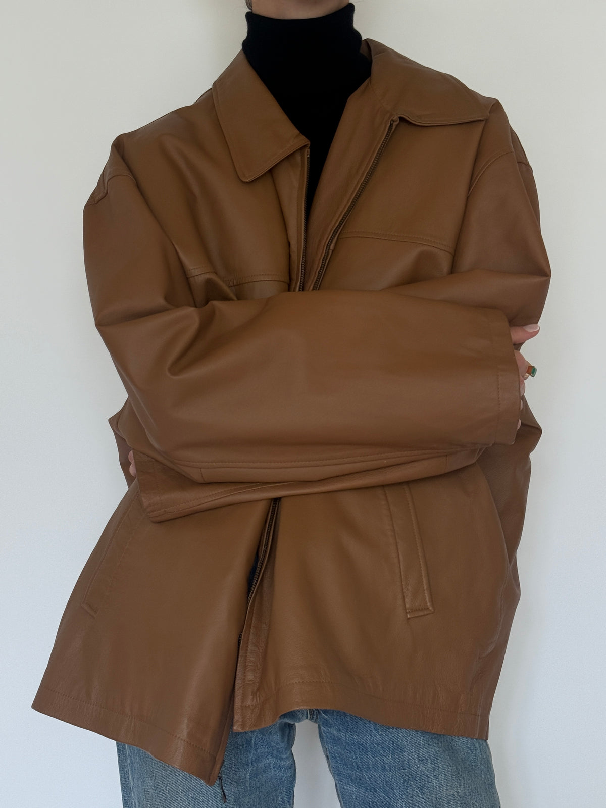 Vintage Zip-Front Leather Jacket Brown 0077