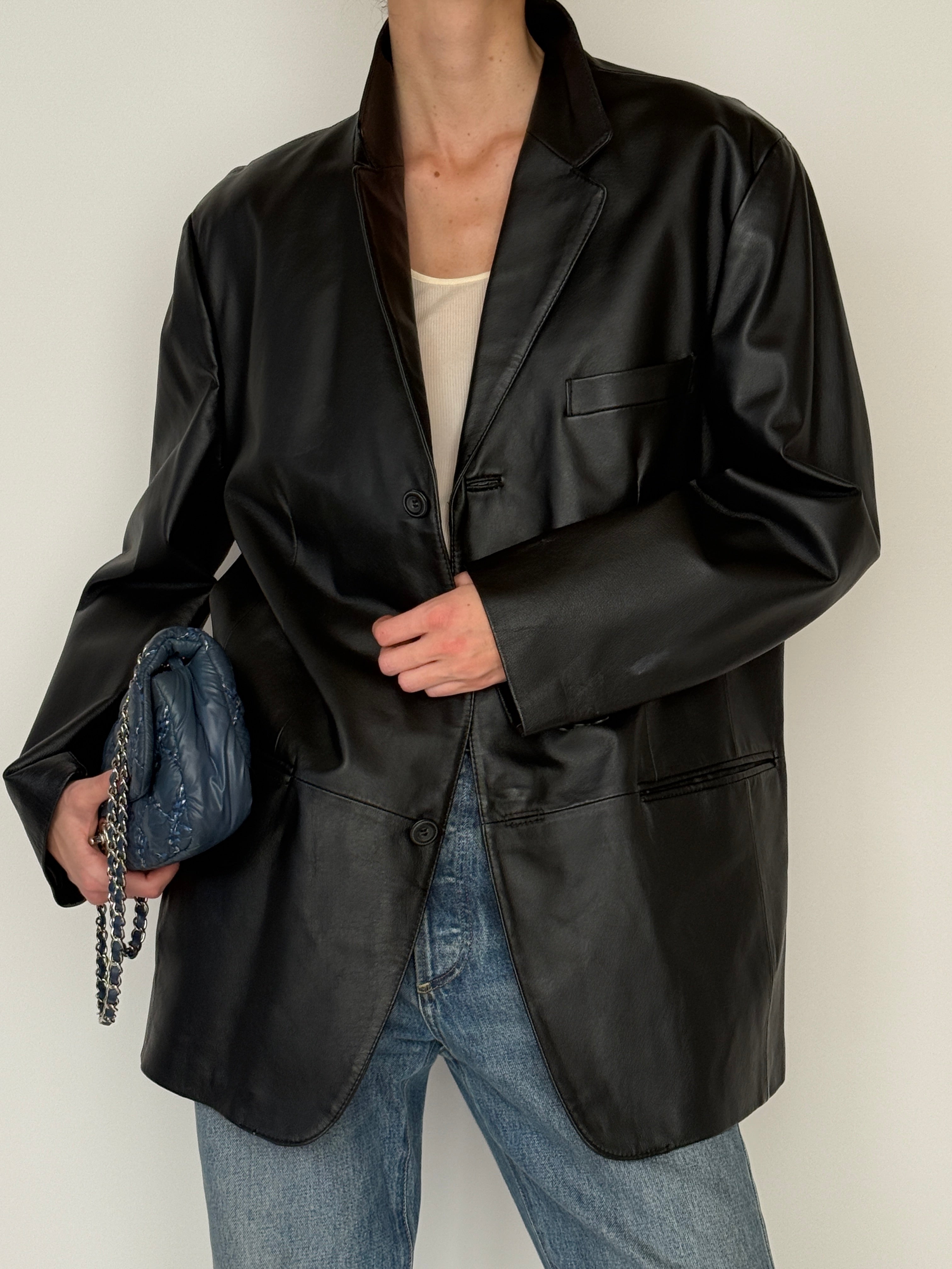 Vintage black leather blazer front view