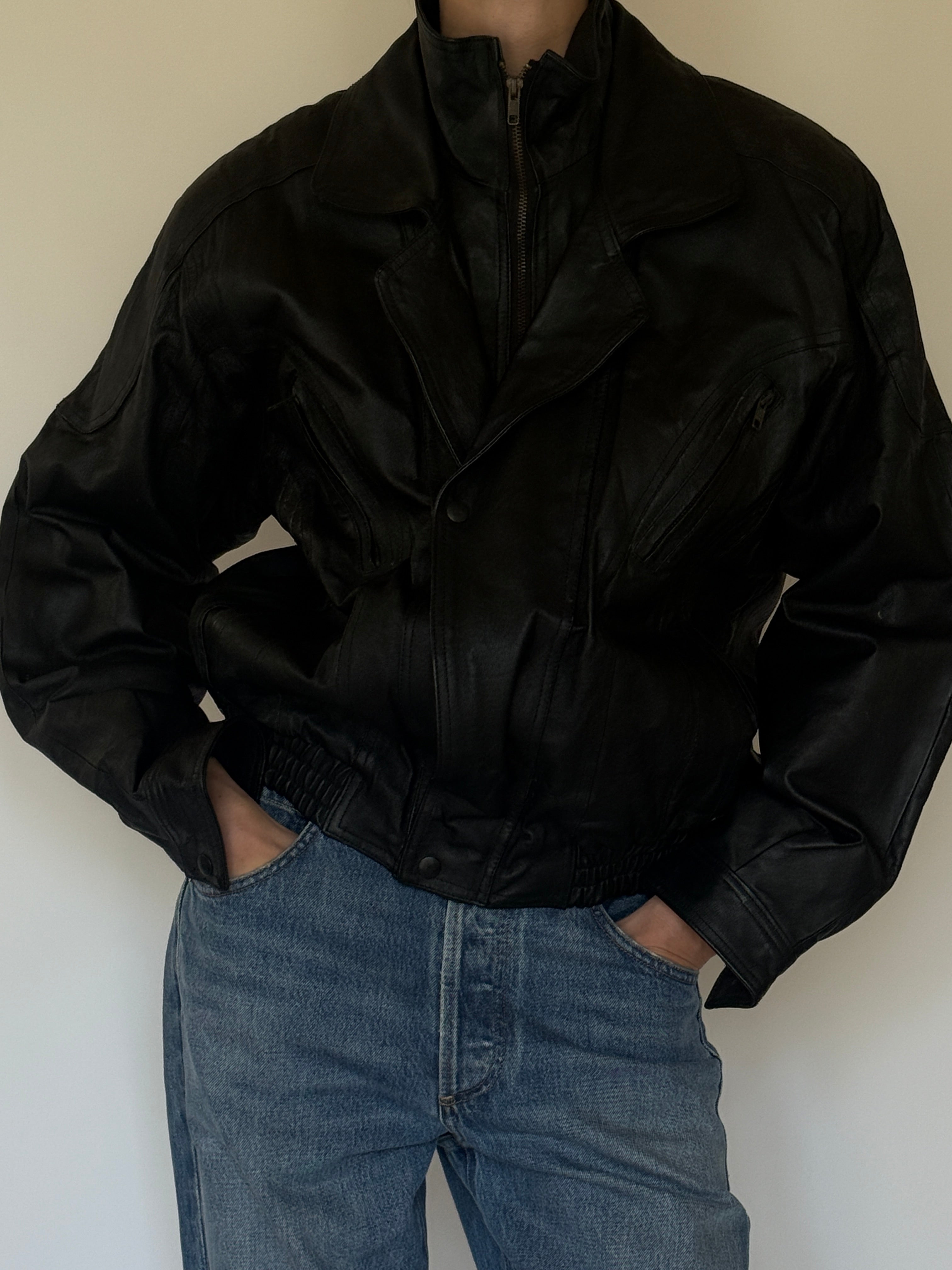Vintage black leather jacket front view