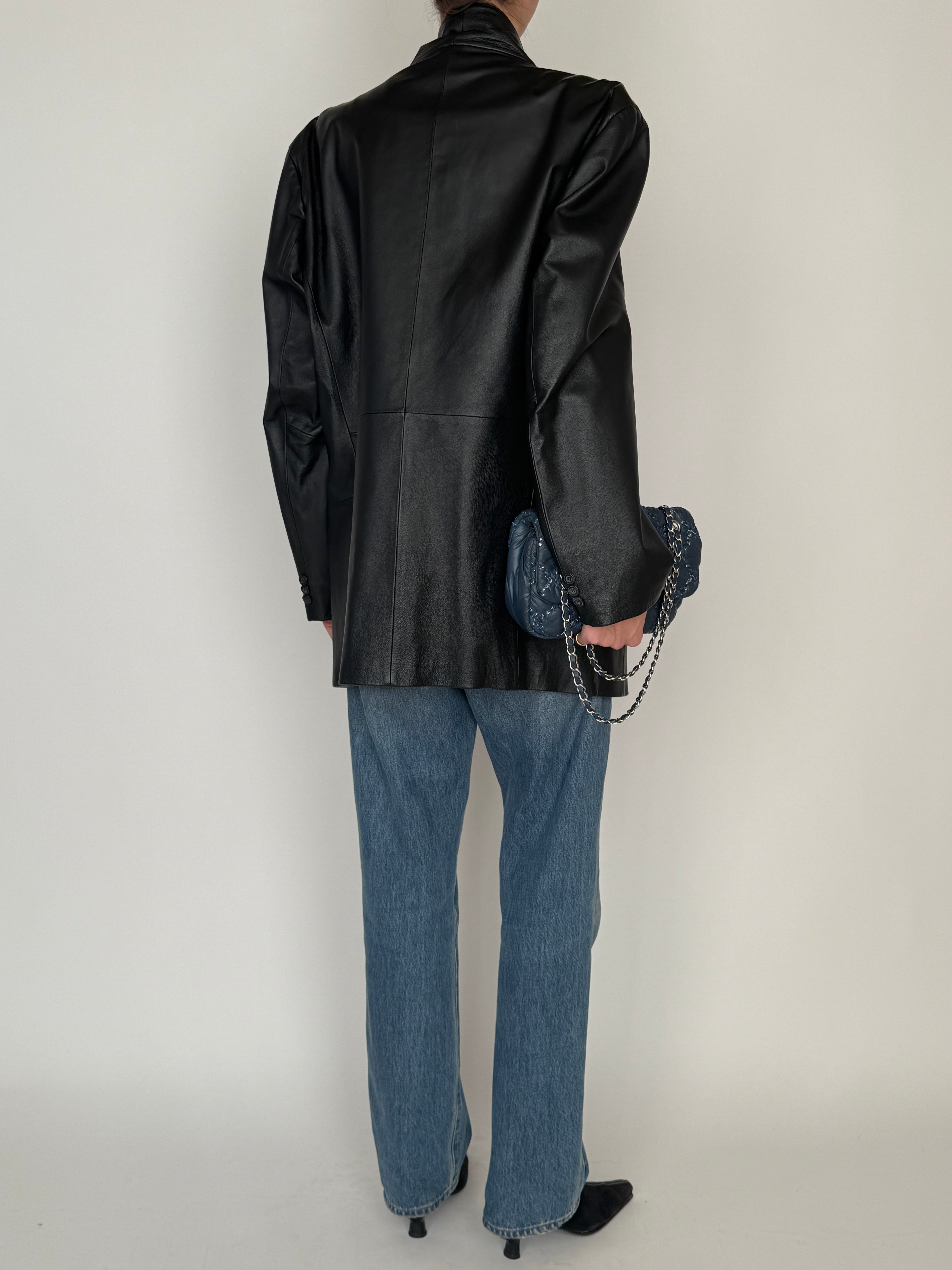 Vintage black leather blazer back view