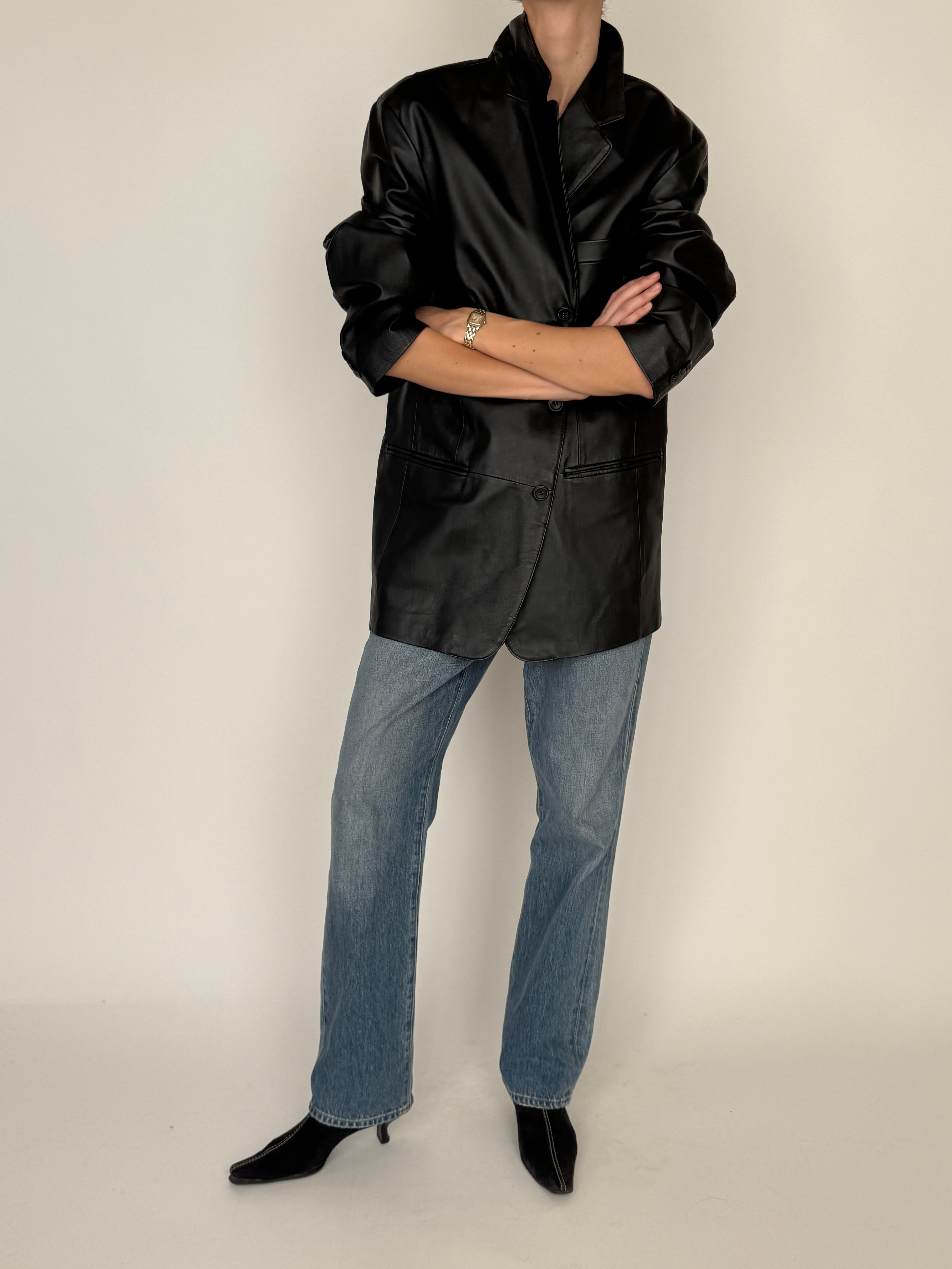 Vintage leather blazer black relaxed silhouette