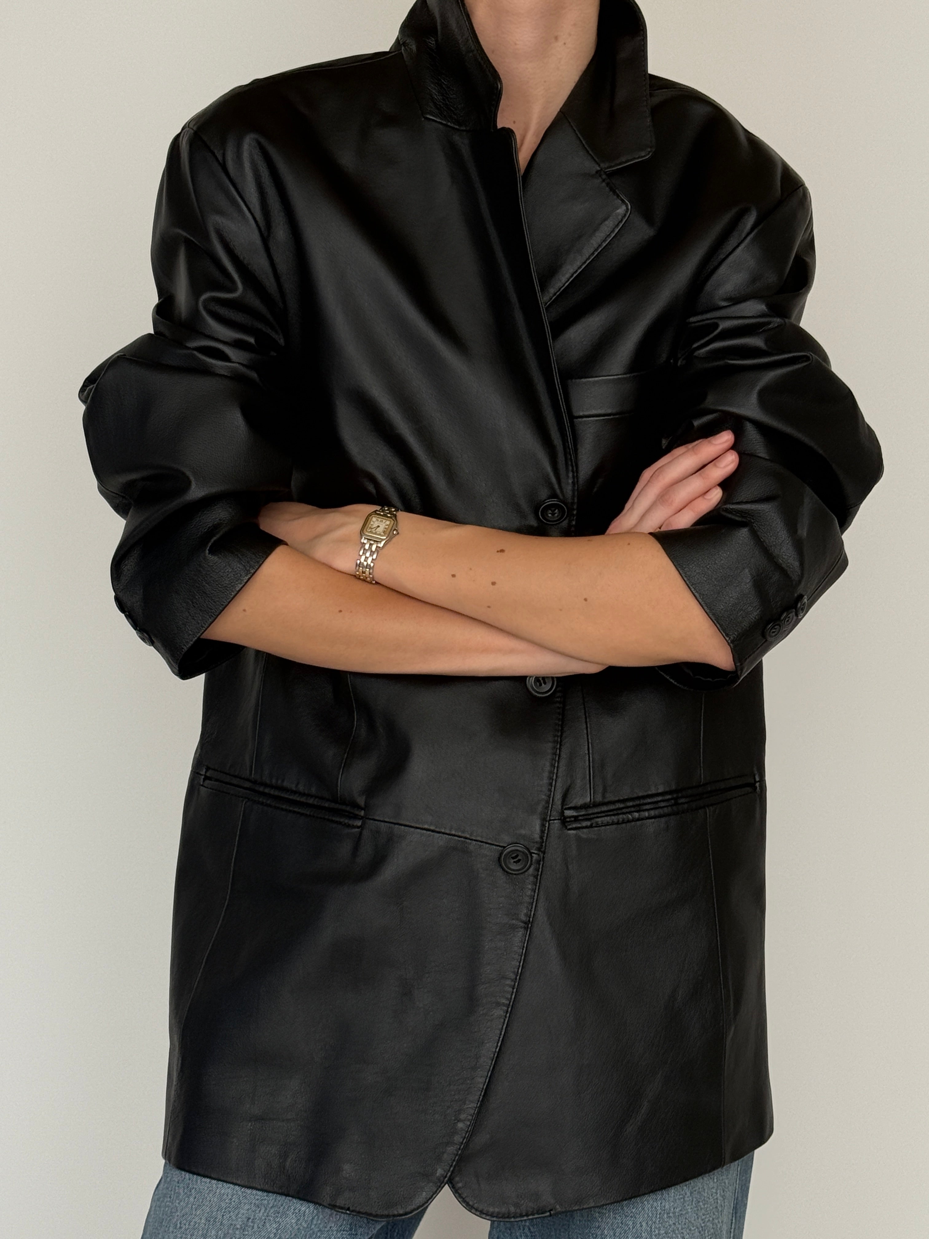 Vintage leather blazer black relaxed silhouette