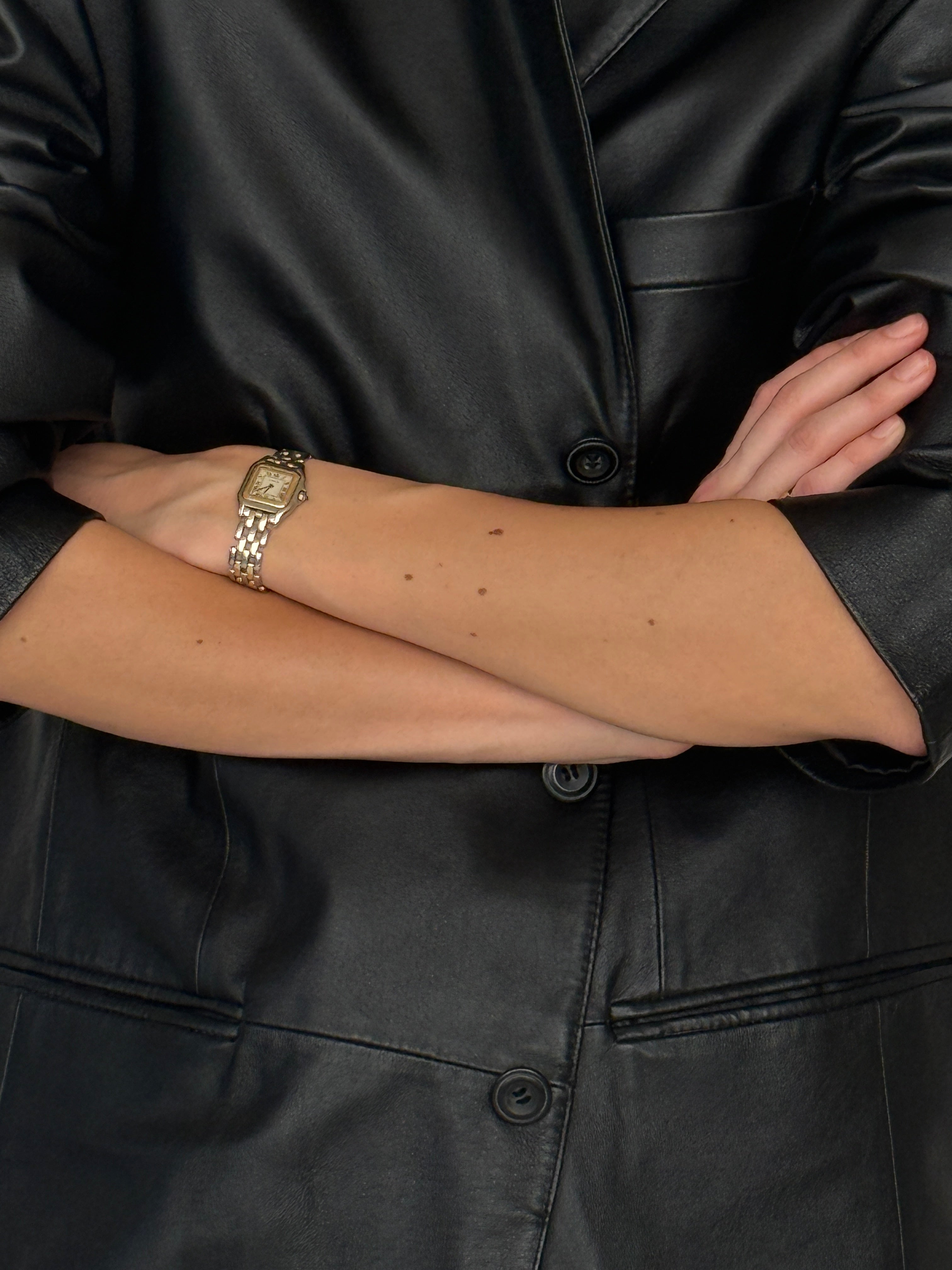 Vintage black leather blazer lapel detail