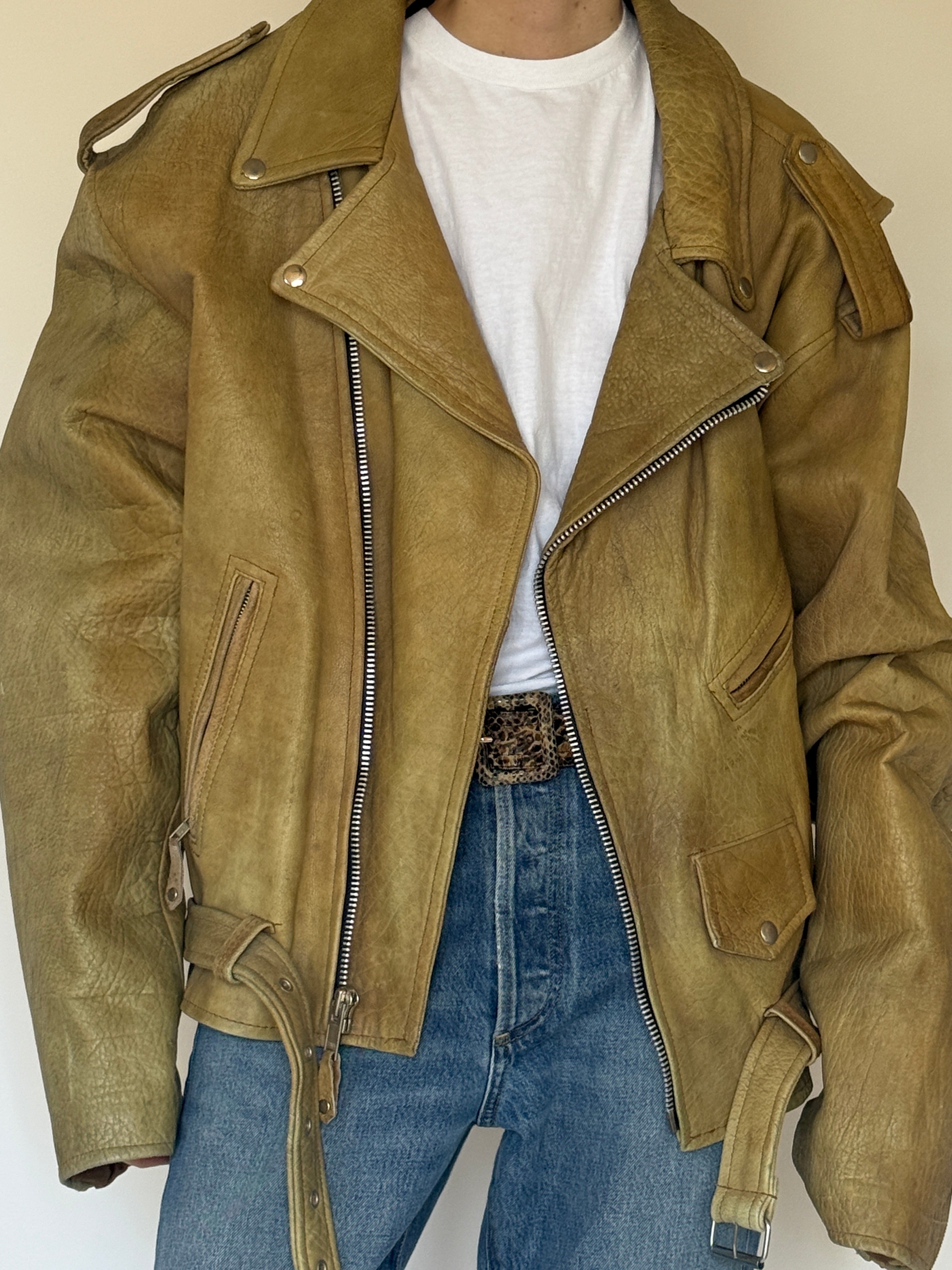 Vintage oversized structured beige leather biker jacket