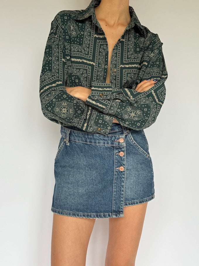 Vintage bandana-inspired paisley print blouse green 5902