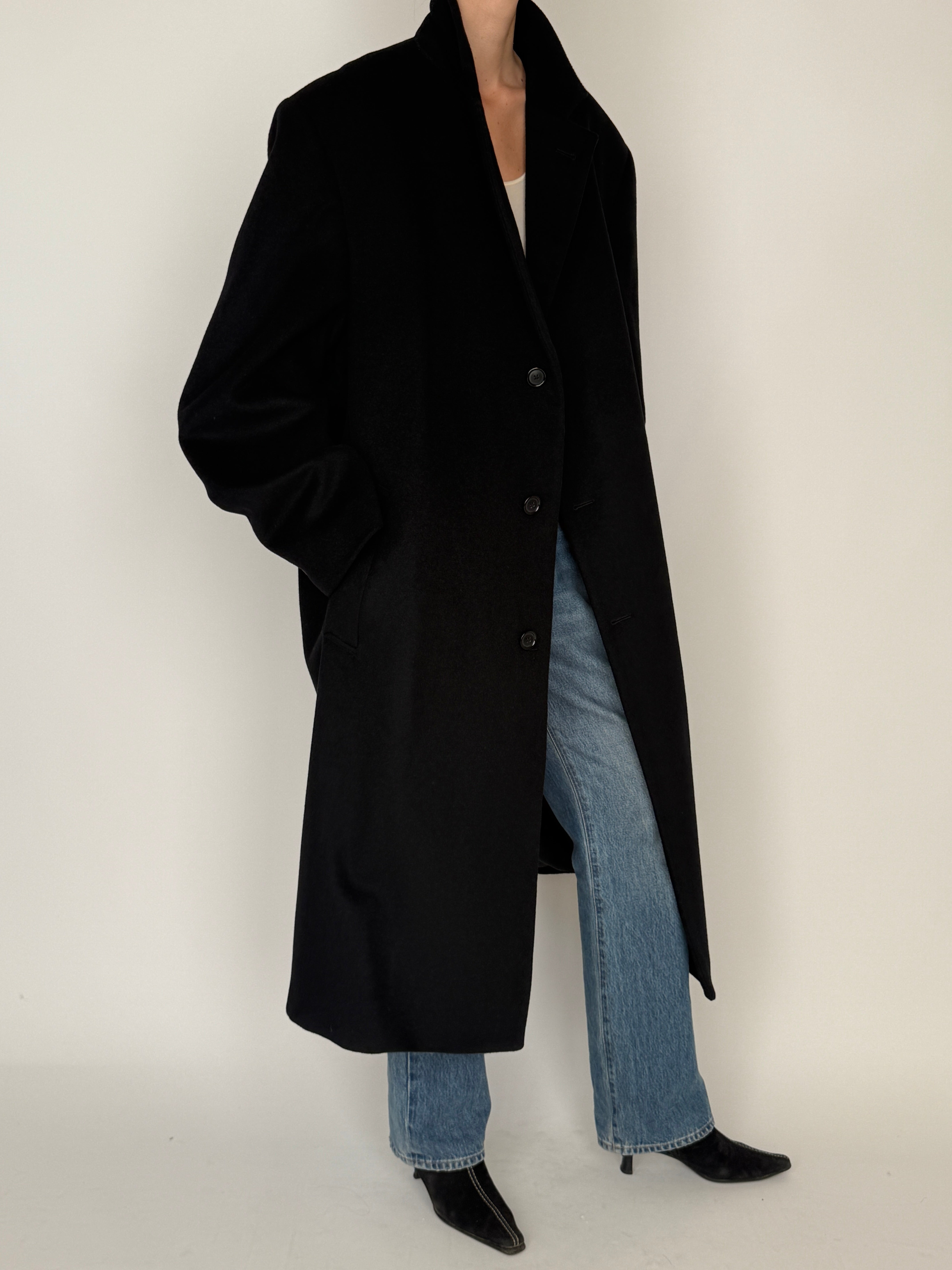 Vintage long wool coat black side view