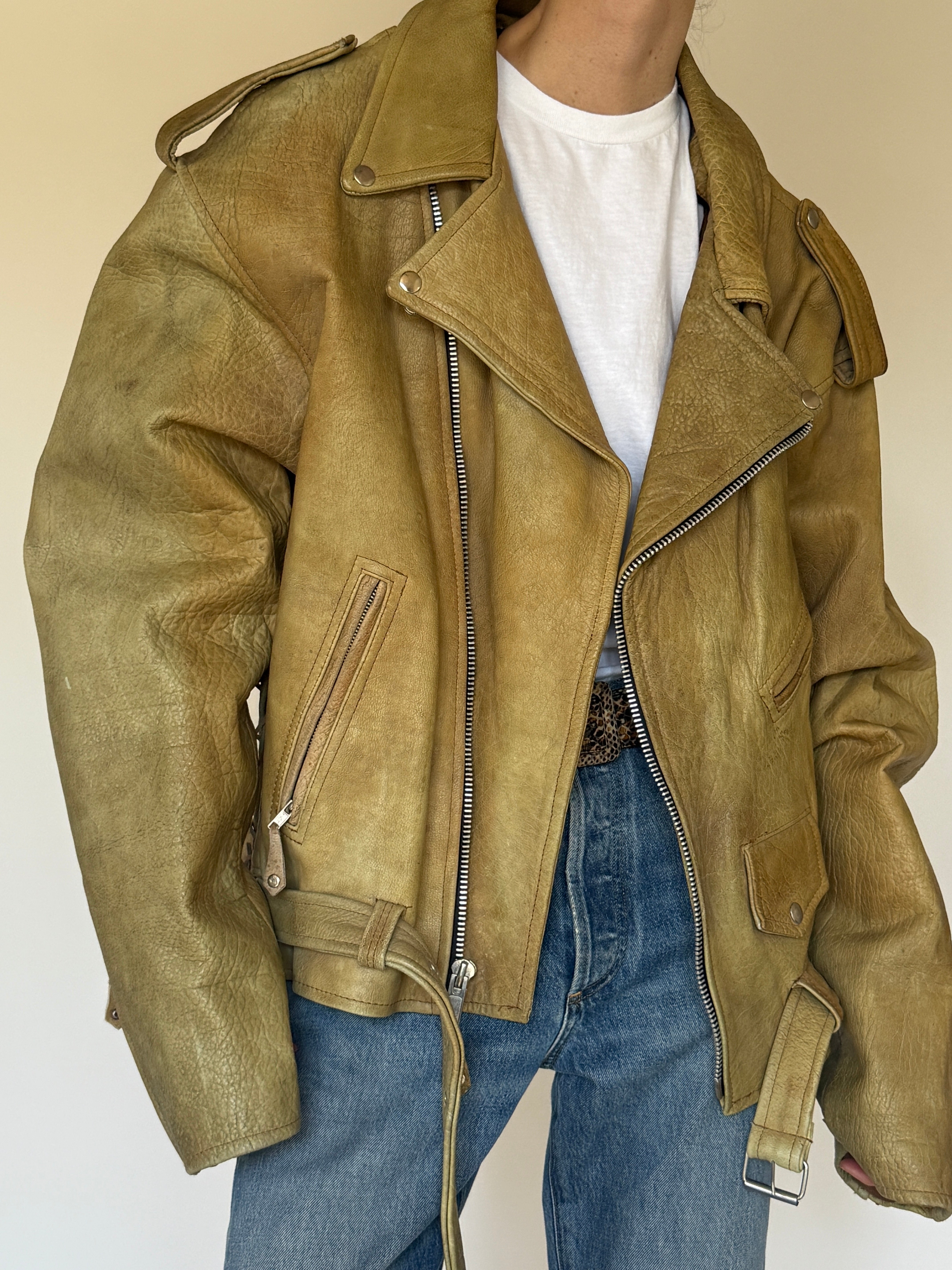 Vintage oversized structured beige leather biker jacket