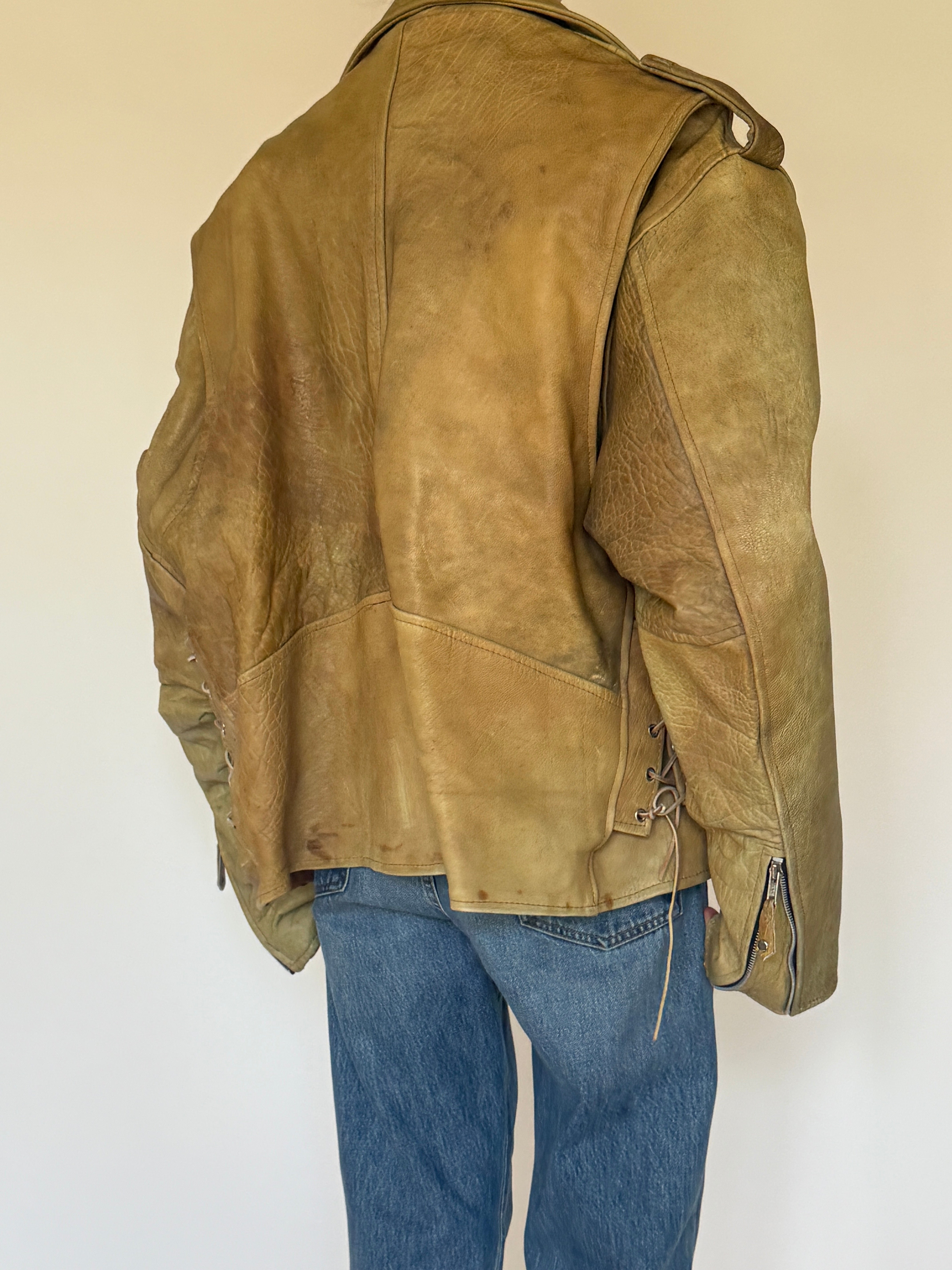 Vintage beige biker jacket back view