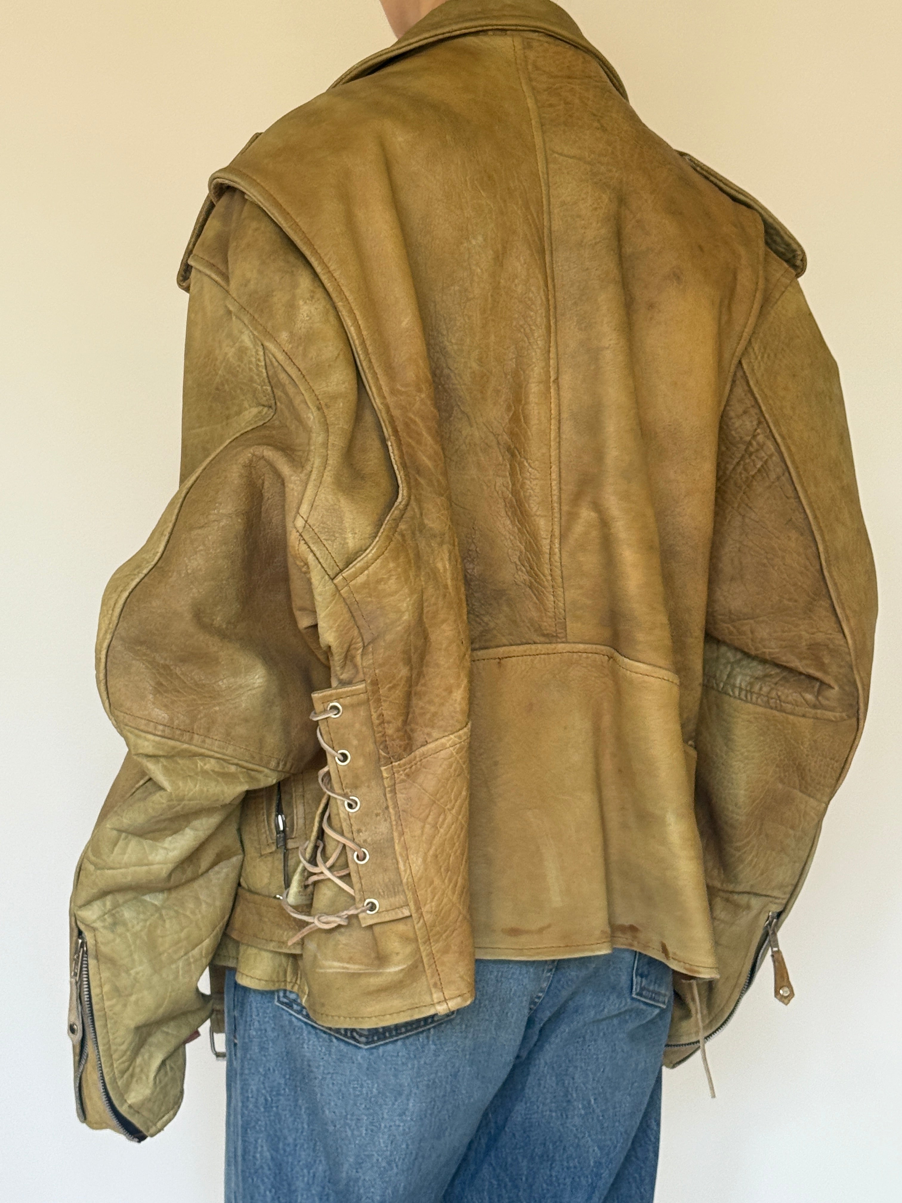 Vintage beige biker jacket back view