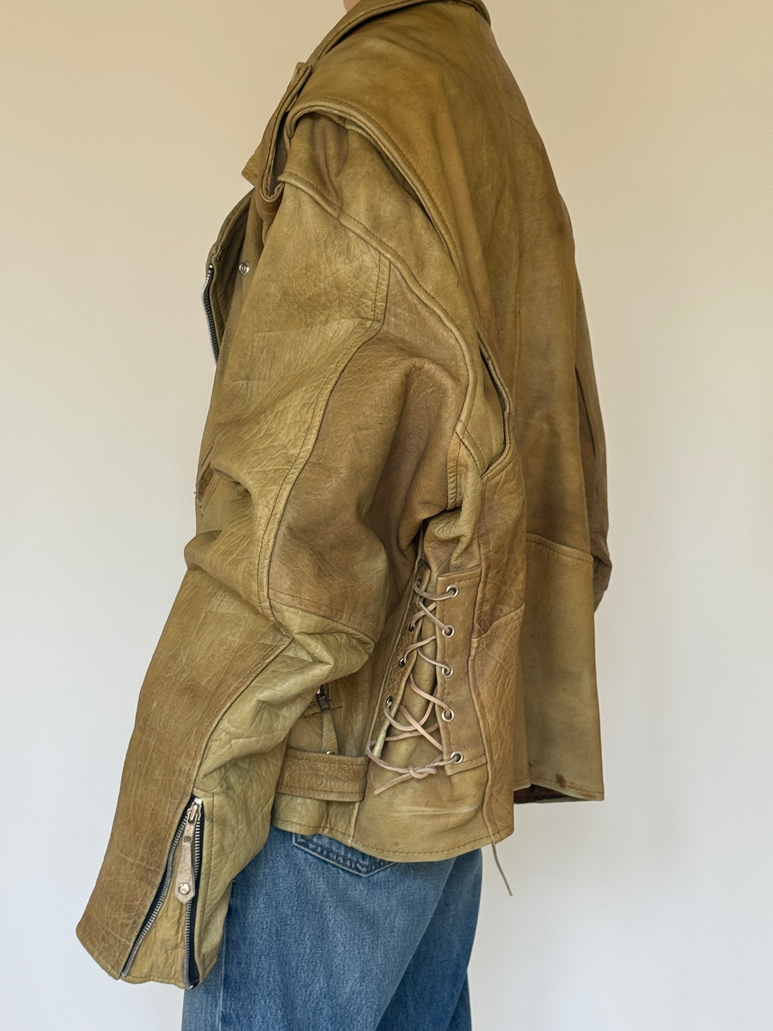 Vintage heavy beige leather biker jacket side view