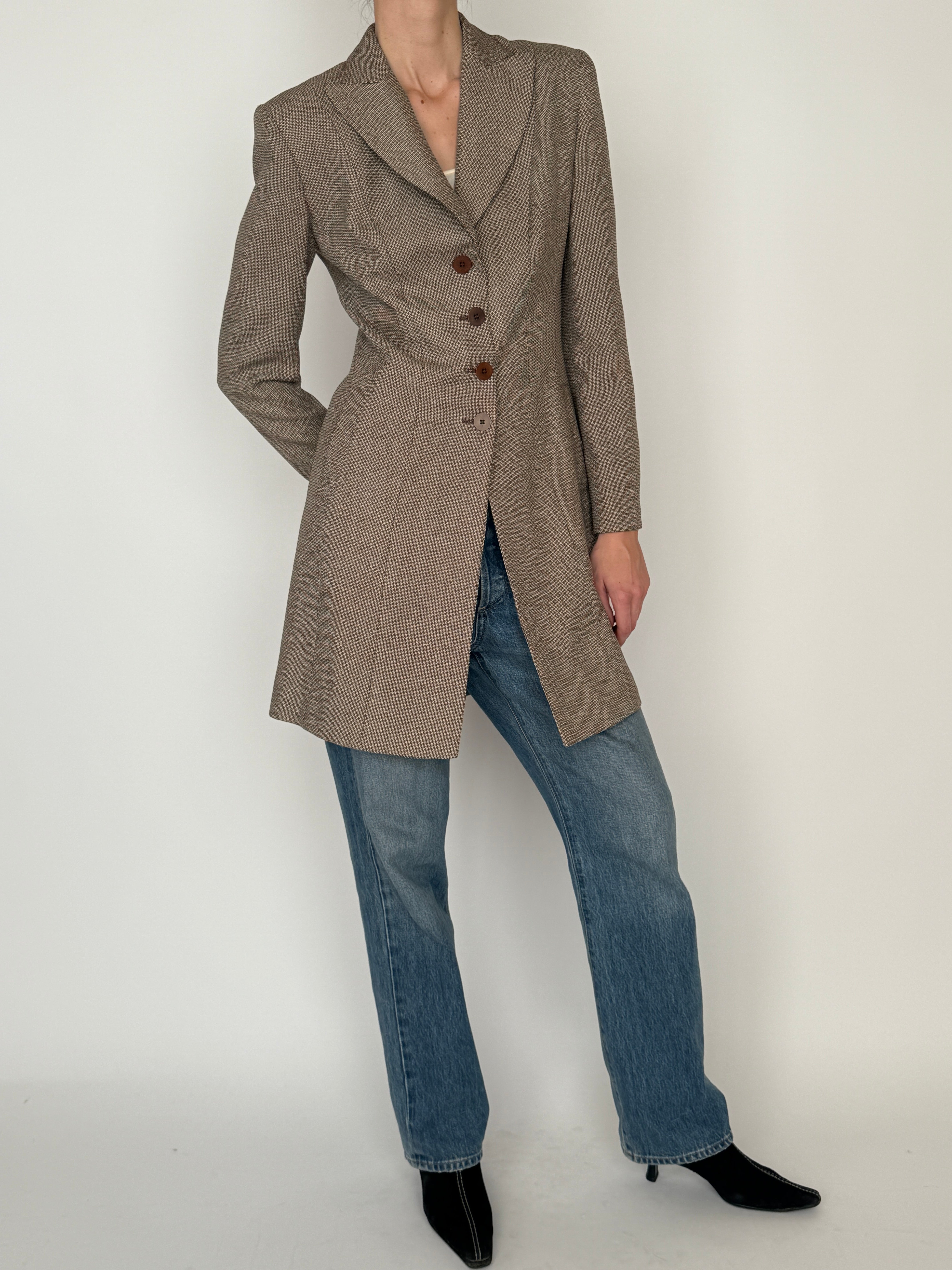 Vintage longline structured blazer brown front view
