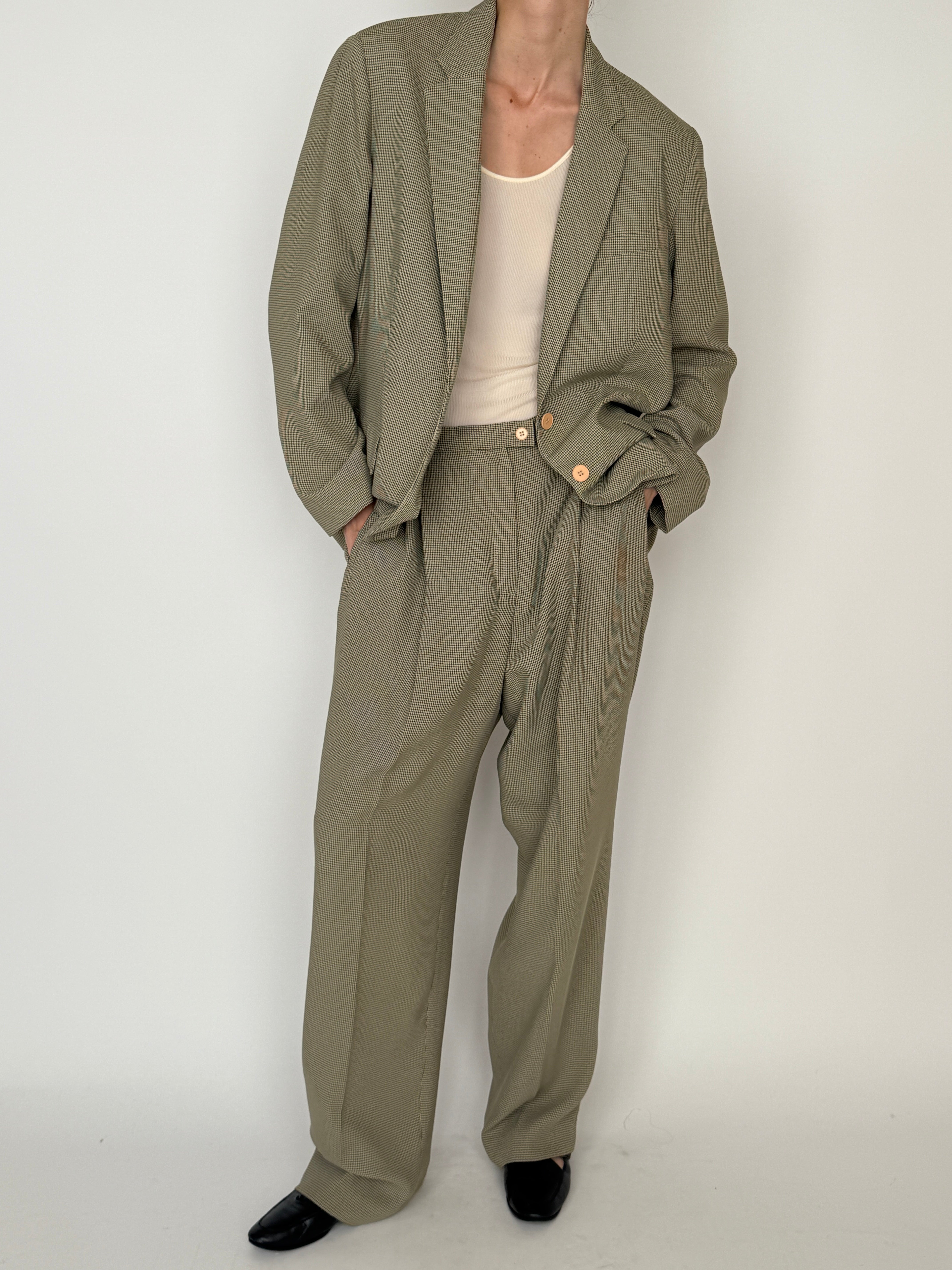 Vintage micro-check two-piece suit olive full set