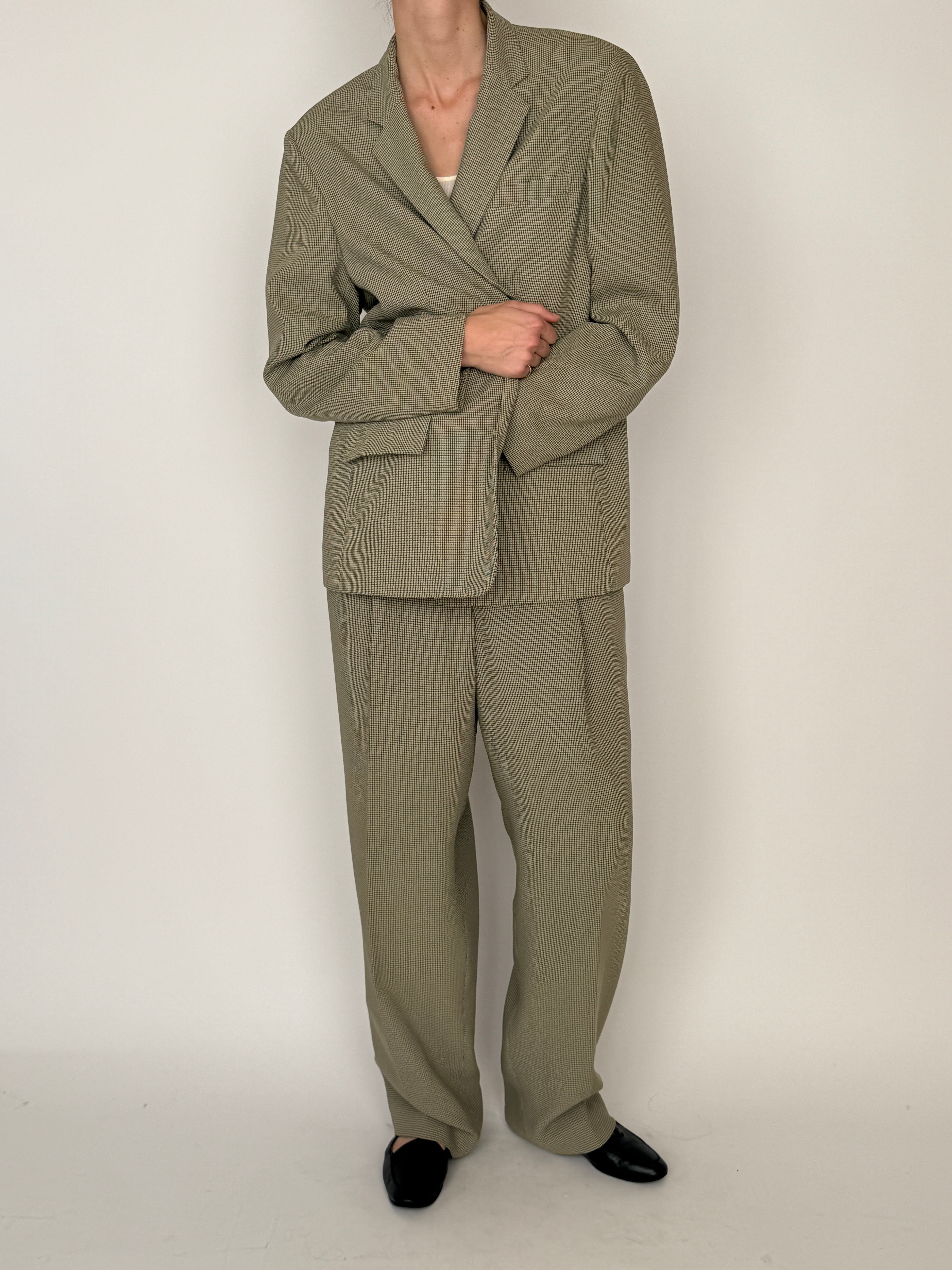 Vintage micro-check two-piece suit olive full set