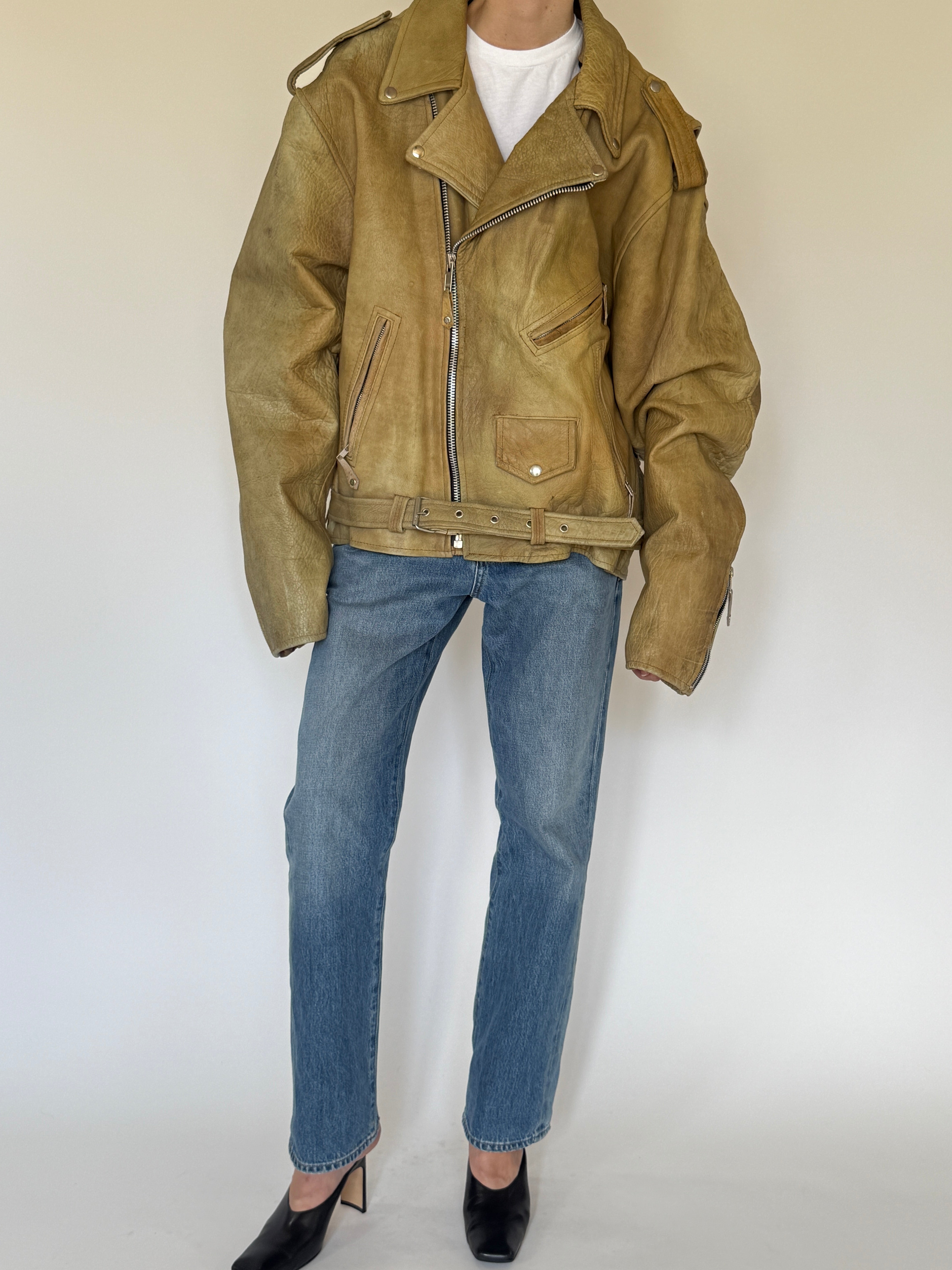 Vintage oversized beige leather biker jacket front view