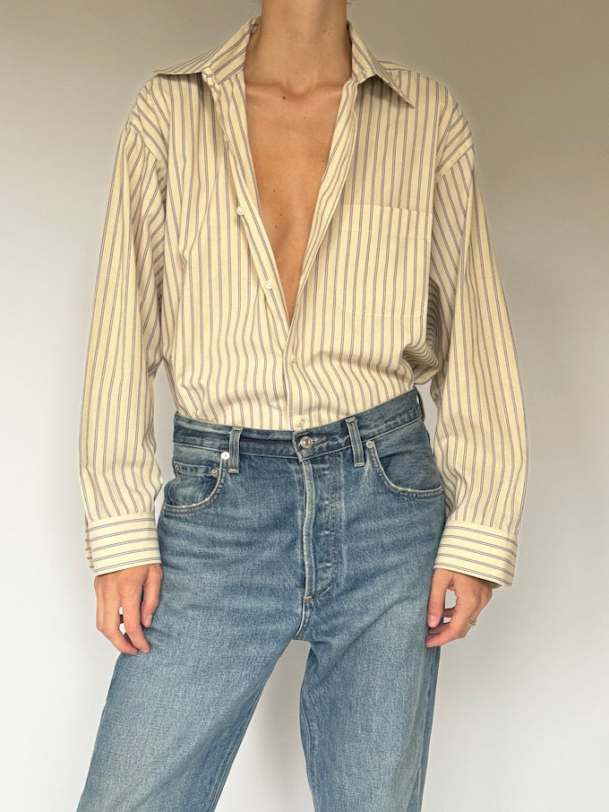 Vintage Striped Button-Down Shirt Cream & Navy 6506