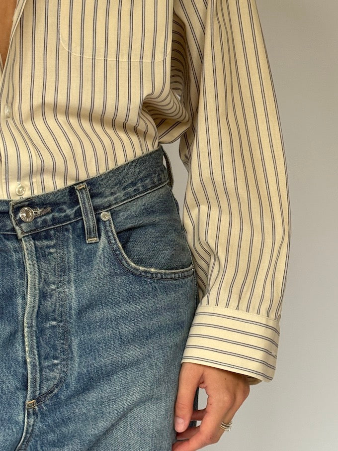 Vintage Striped Button-Down Shirt Cream & Navy 6506